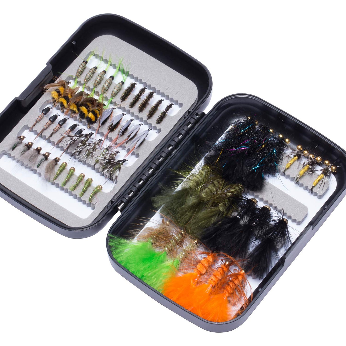 BASSDASH Fly Fishing Flies Kit Fly Assortment Trout Bass Fishing with Fly Box, 36/64/72/76/80/96pcs with Dry/Wet Flies, Nymphs, Streamers, Popper (58 pcs Assorted Trout Flies)