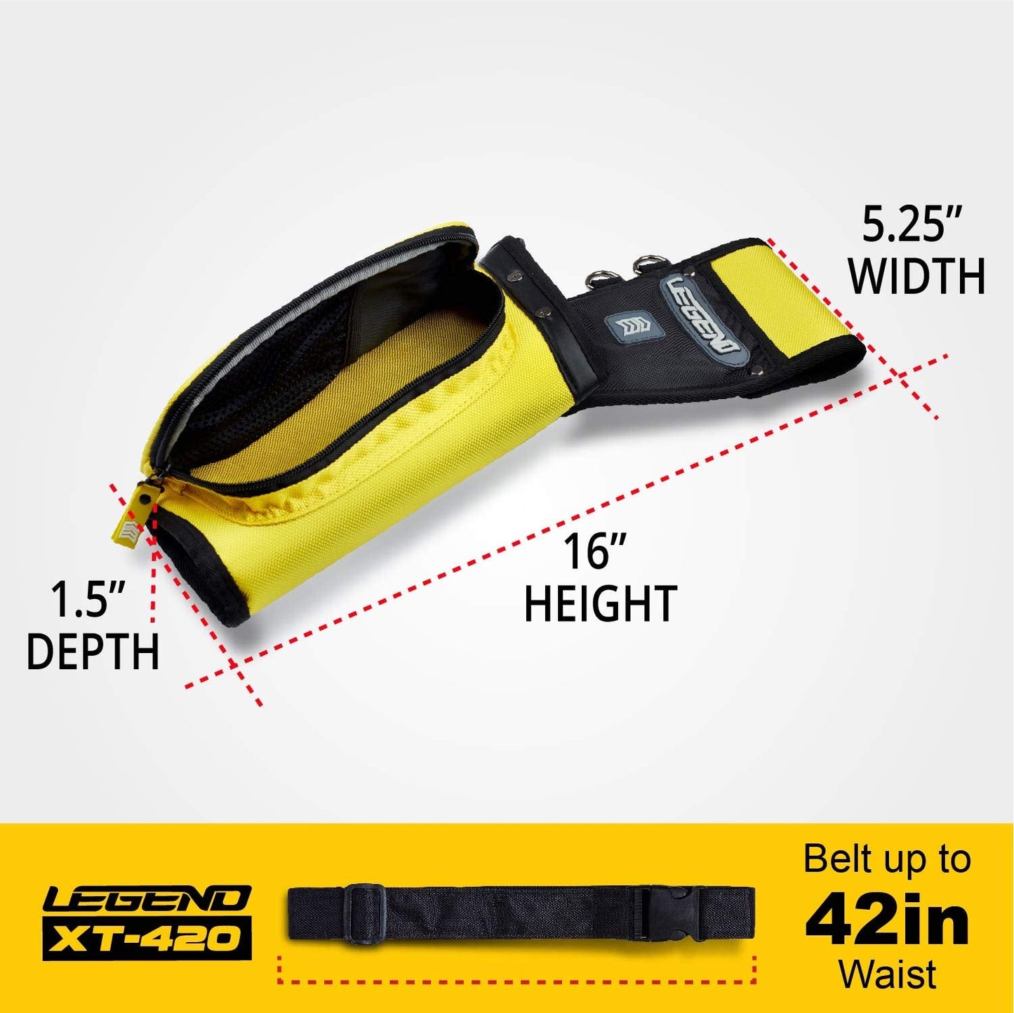 LEGEND XT420 Archery Field Quiver for Arrows - Left Handed Archery Hip Quiver with Belt, 3 Arrow Compartments - Storage Pocket for Archery Accessories - Nylon Material - 5.25"x1.5"x16" Yellow