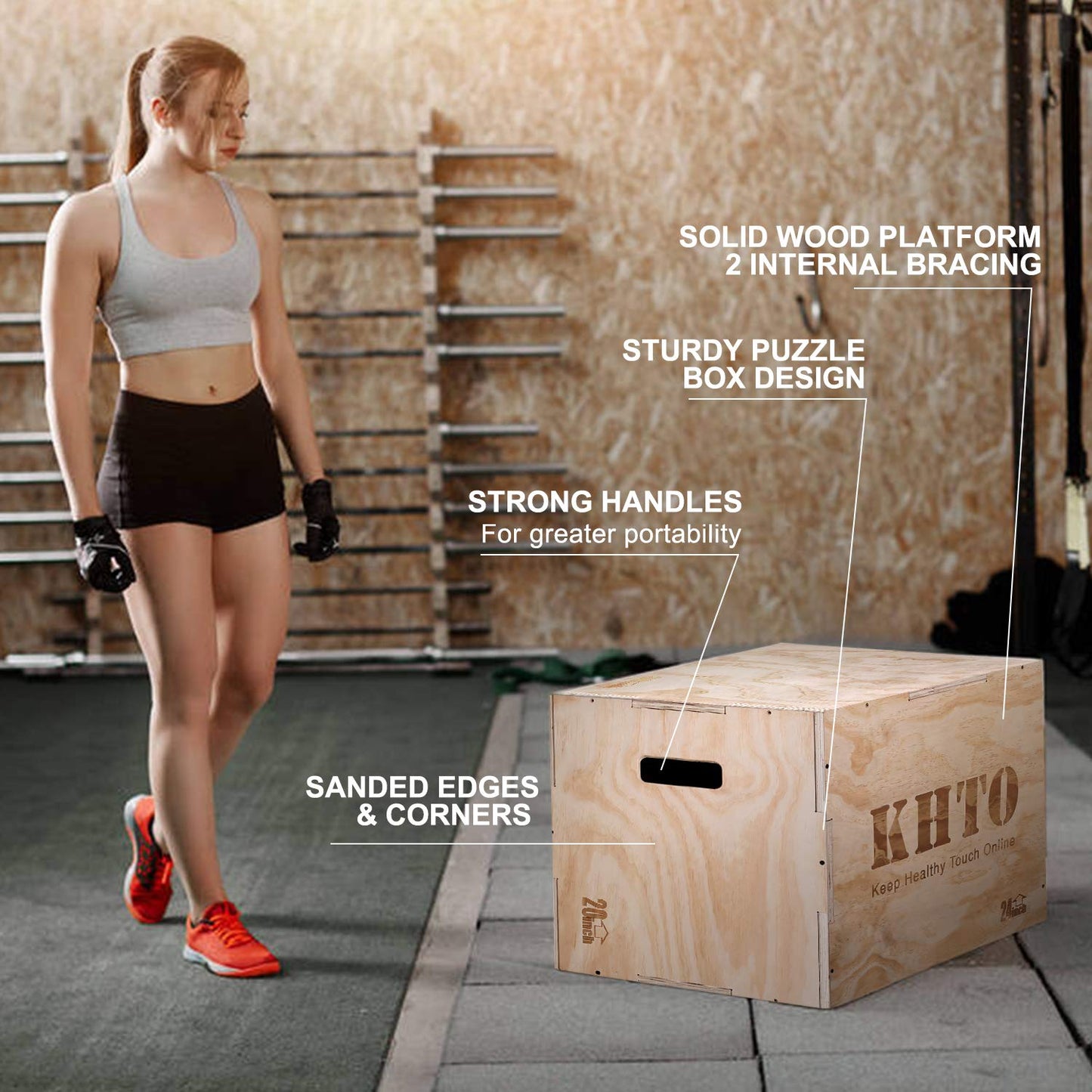 KHTO FITNESS Wood Plyometric Jump Box- 3-in-1 Wood Plyo Box for Exercise Training and Conditioning- Pre-drilled for Easy Assembling (20" x 18" x 16")