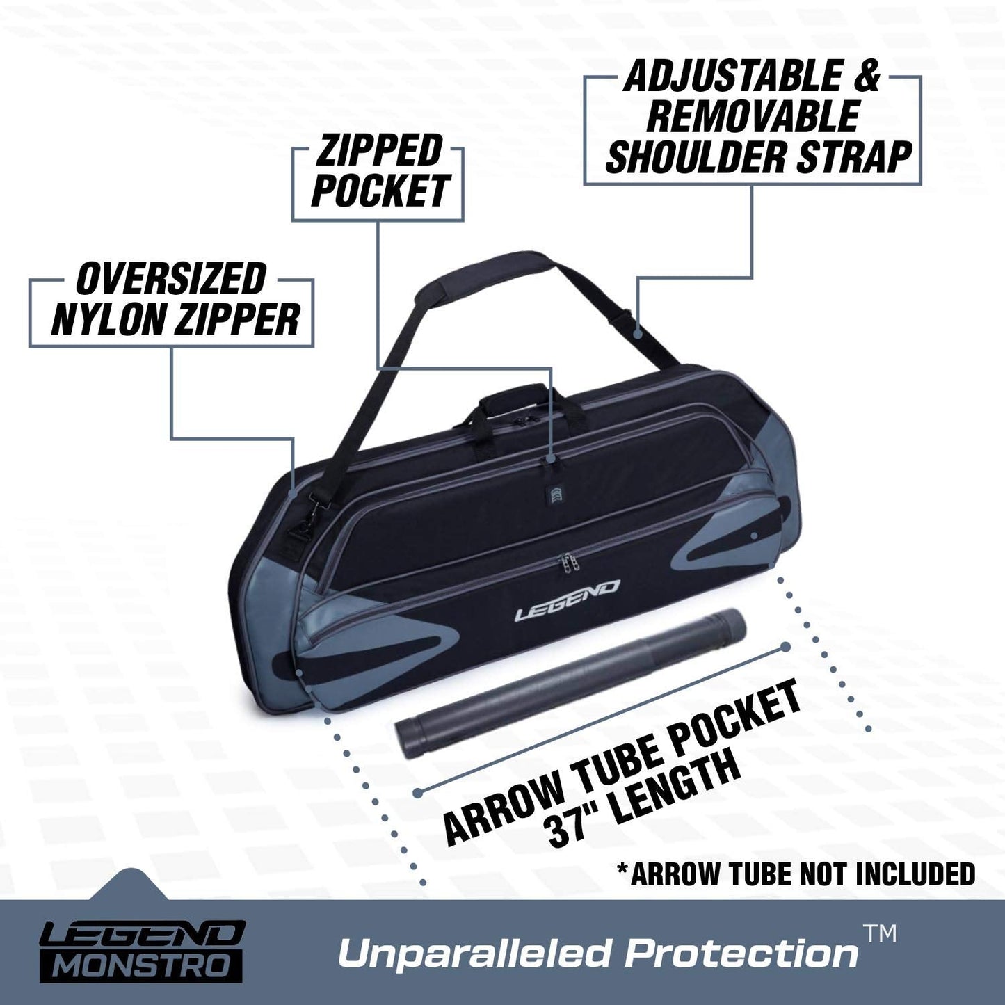 LEGEND Monstro Professional Soft Compound Bow Case - Travel Archery Case with Shoulder Strap, Foam Padding & Safe Storage for Archery Accessories -37" Arrow Tube Holder Pocket, 44" Interior-Black/Grey