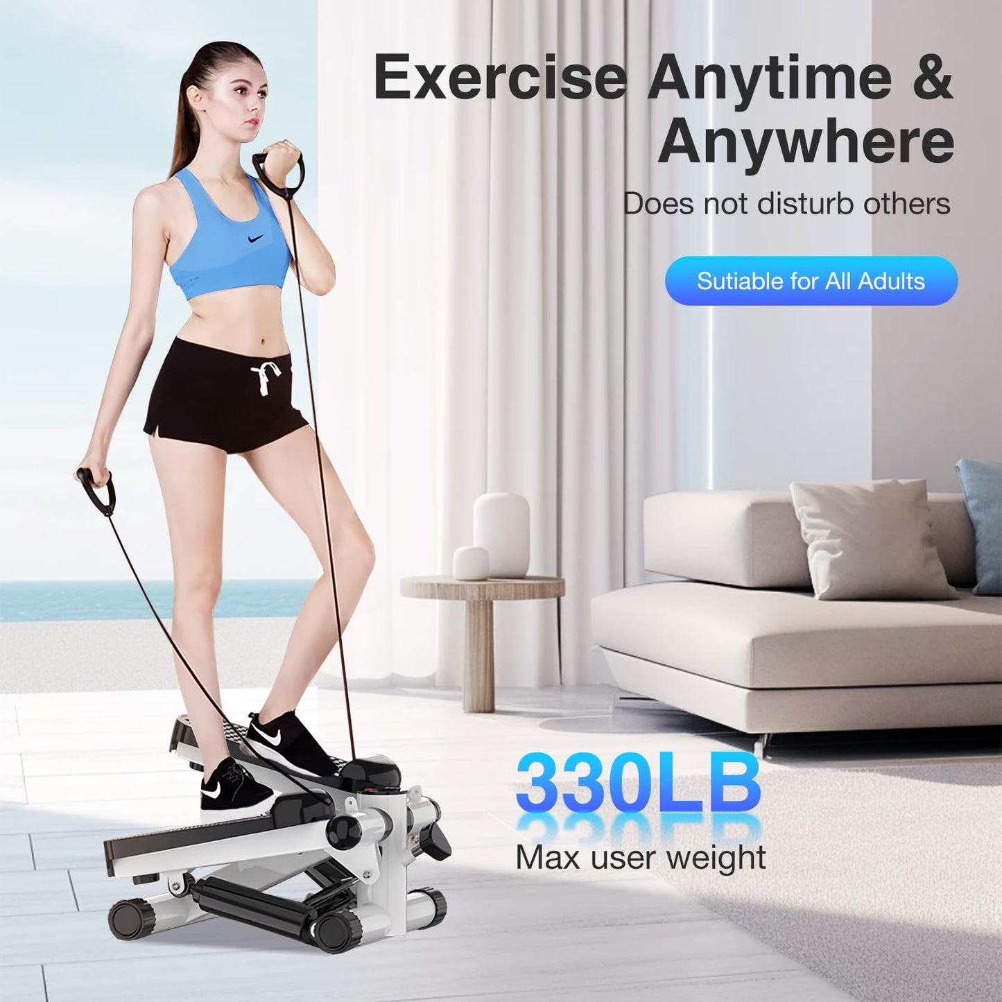 Sozilifty Steppers for Exercise at Home, Mini Stepper with with Resistance Bands,330lb Weight Capacity Stair Stepper Machine for Home Gym Workout(Black and White)