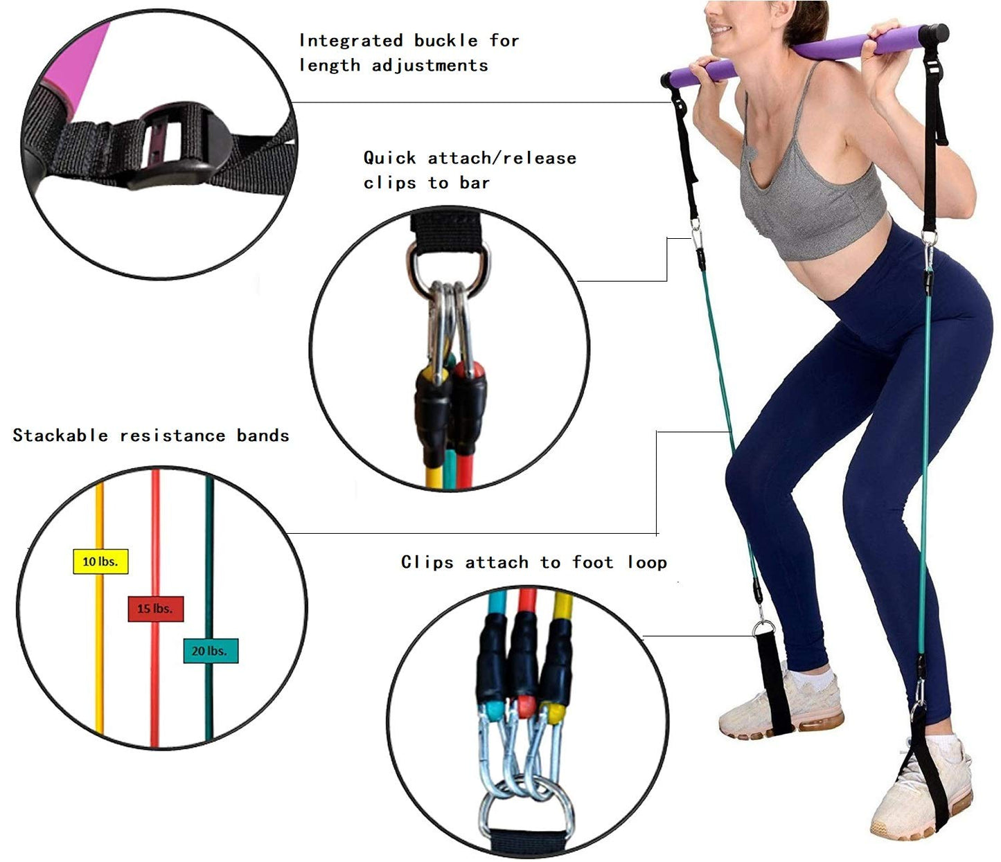 Portable Pilates Stick Yoga Exercise Pilates Bar, Yoga Pilates Bar Reformer Kit, Pilates Bar Kit with Resistance Band,Home Gym Pilates with Foot Loop for Total Body Workout (New-Purple- Pilates)