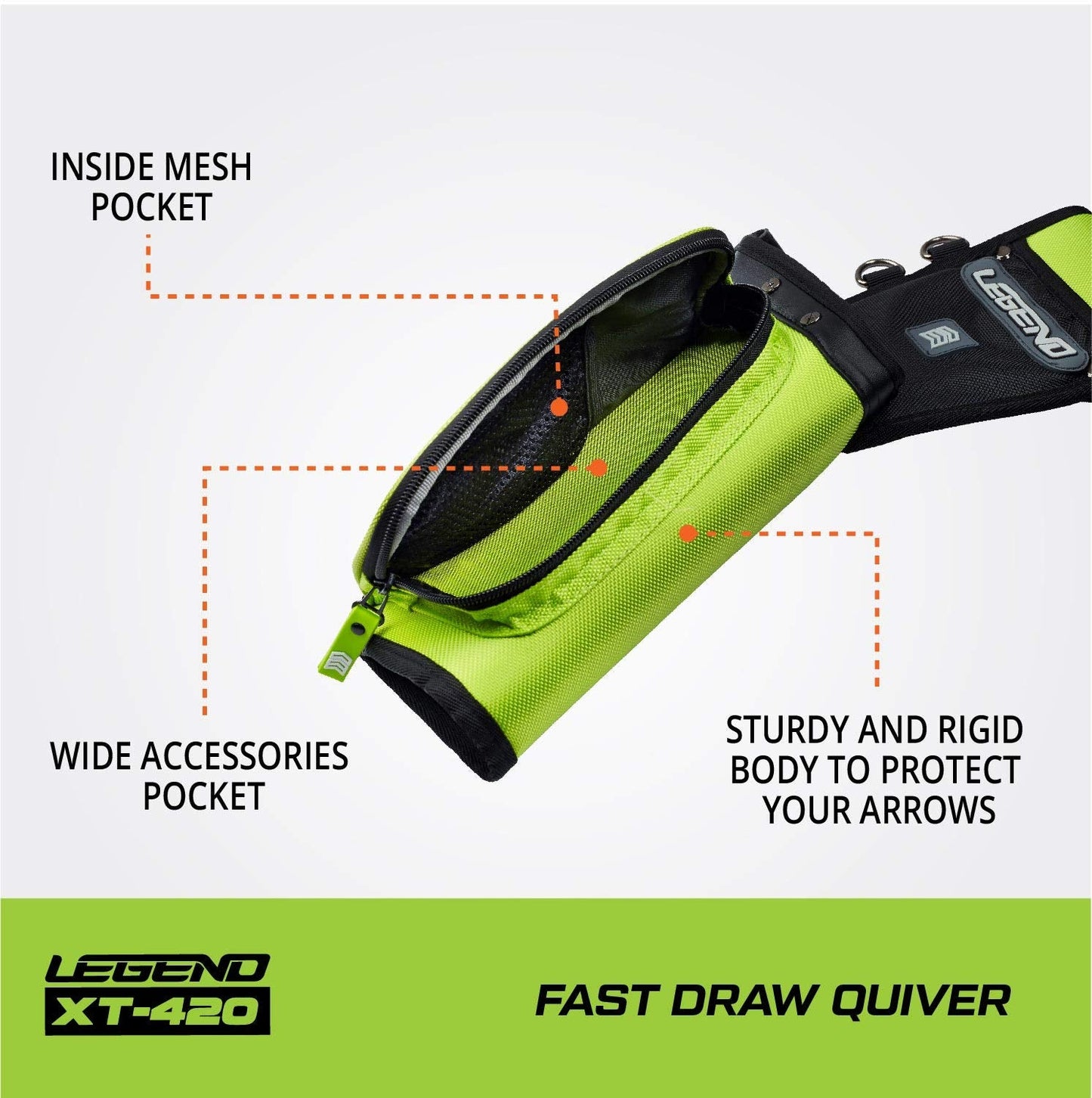 Legend XT420 Archery Field Quiver for Arrows - Right Handed Archery Hip Quiver with Belt, 3 Arrow Compartments - Storage Pocket for Archery Accessories - Nylon Material - 5.25"x1.5"x16" Green