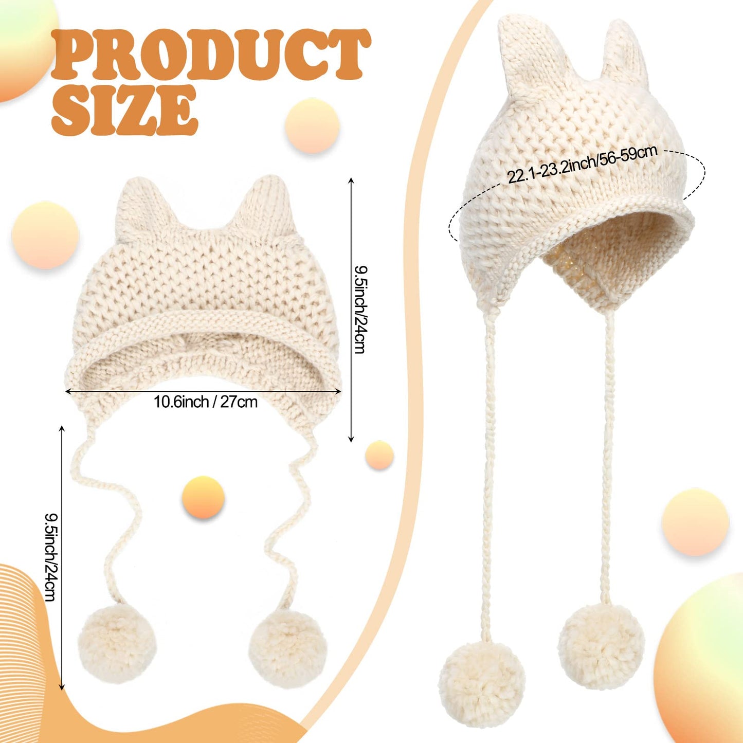 Cat Ear Beanie 2 Pieces Warm Beanie with Ears Cute Cat Hats for Women Crochet Cat Winter Hat Knit Ear Pom Hat Black, White