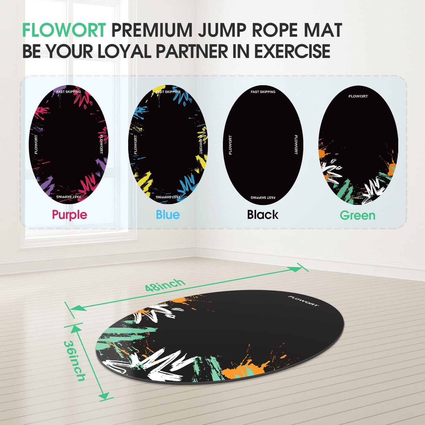 Jump Rope Mat Large Rubber Exercise Mat Indoor Outdoor Shock Absorbing Mat Non-Slip Oval Design for Floor & Rope Protection, Workout Mats for Home Gym Flooring(Green)