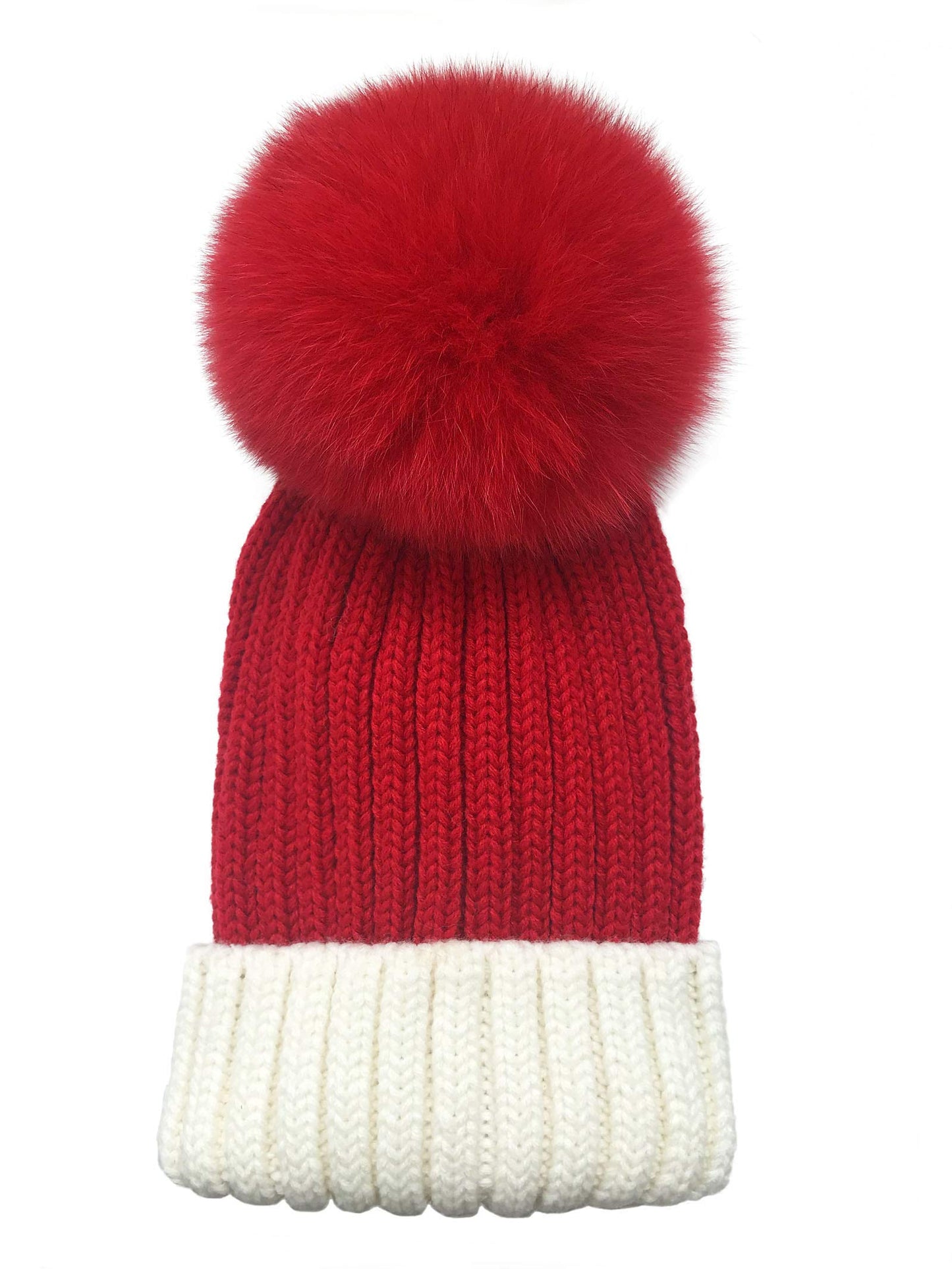 Winter Knit Beanie Hat with Real Fox Fur Pom Pom Chunky Snow Cap for Women Girls (Red & White)