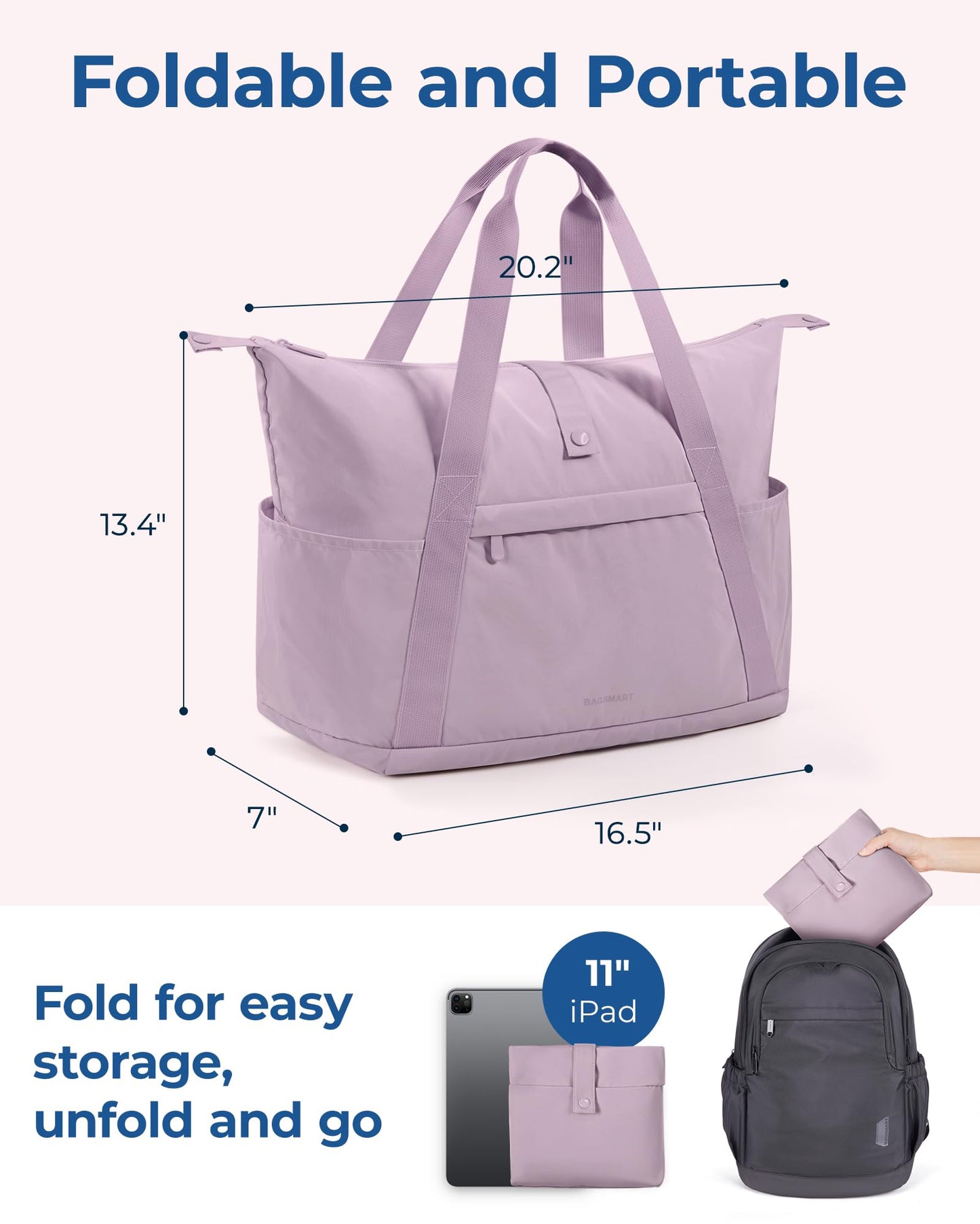 BAGSMART For Spirit Airlines Personal Item Bag, 23L Foldable Weekender Bags for Women Gym Tote Overnight Bag for Travel
