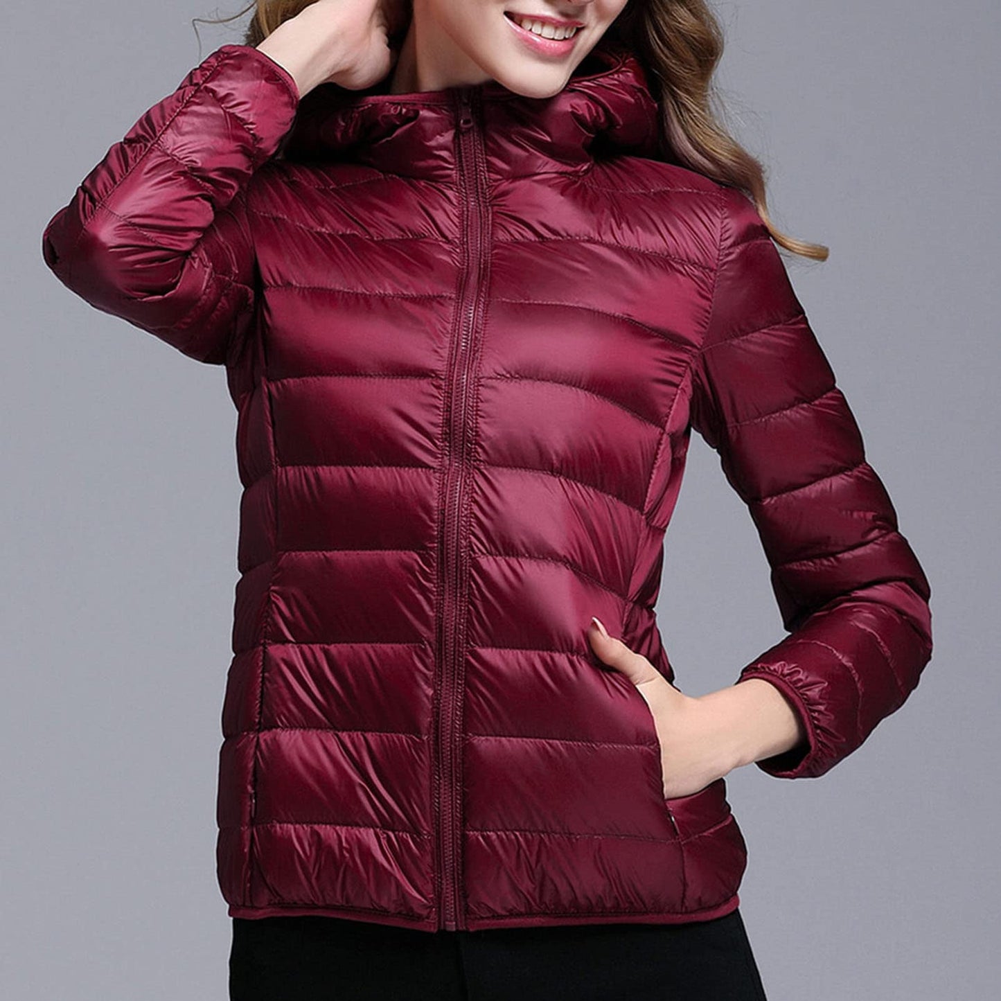 JEsilunmaMY Lightweight Short Puffer Jacket for Women Zip Long Sleeve Packable Hooded Down Coats Slim Winter Cropped Outwear (Red3,Small)