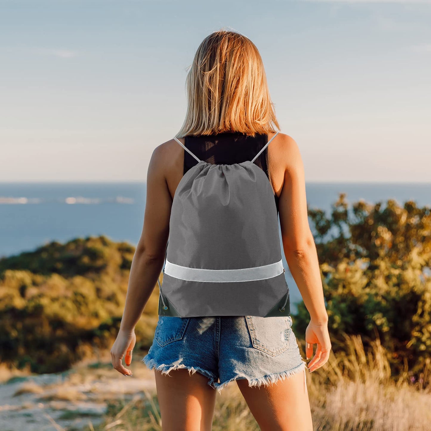BeeGreen Grey Drawstring Backpack Bulk 10 Pieces Wholesale, String Backpack for Party Gym Sport Trip, Reflective Strips Cinch Sack with String, DIY Drawstring Bags for Women and Men