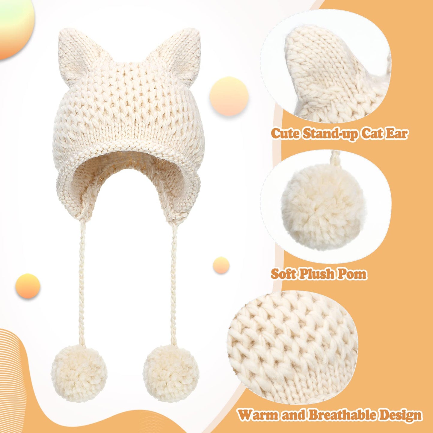 Cat Ear Beanie 2 Pieces Warm Beanie with Ears Cute Cat Hats for Women Crochet Cat Winter Hat Knit Ear Pom Hat Black, White