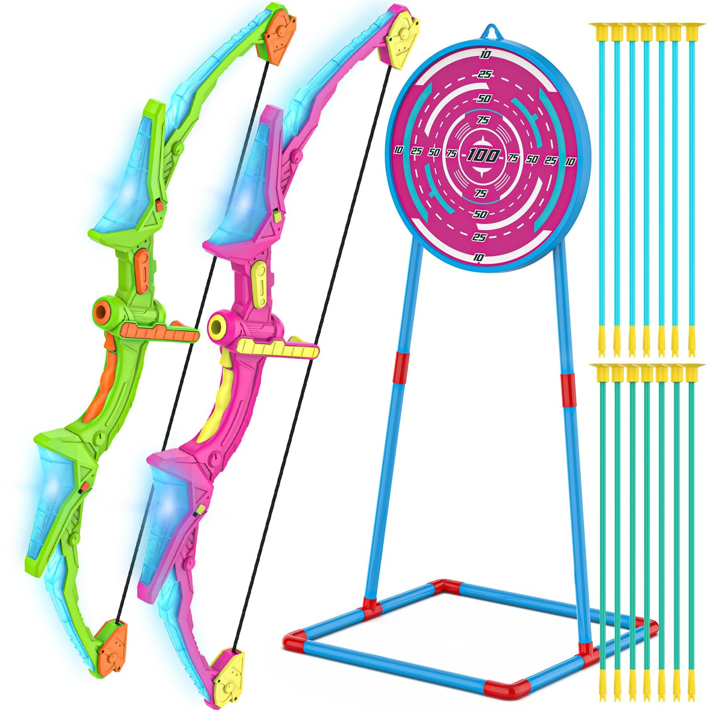 Kmuxilal 2 Pack Kids Bow and Arrow Set with LED Flash Lights, 14 Suction Cup Arrows and Standing Target-Perfect Indoor and Outdoor Archery Set Toy Gift for Boys and Girls Ages 4-12