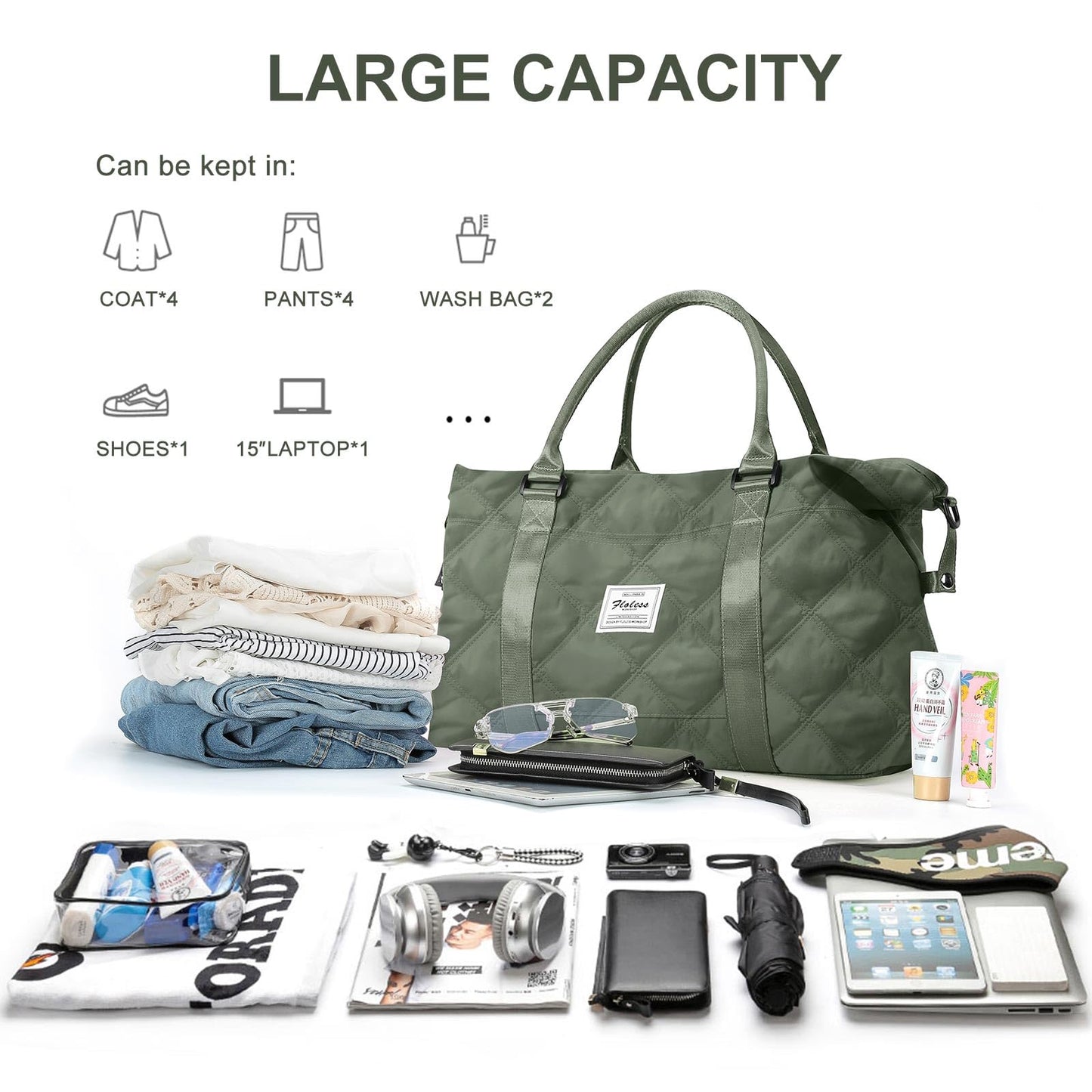 BJLFS Large Women's Waterproof Duffle Bag, Green Gym Tote Weekender Overnight Bag with Wet Bag, Fits 15.6 inch Laptop, Nylon Hobo Handbag