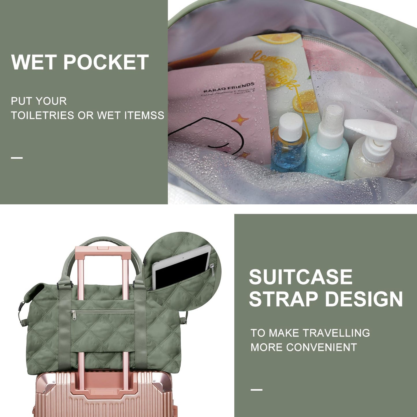 BJLFS Large Women's Waterproof Duffle Bag, Green Gym Tote Weekender Overnight Bag with Wet Bag, Fits 15.6 inch Laptop, Nylon Hobo Handbag
