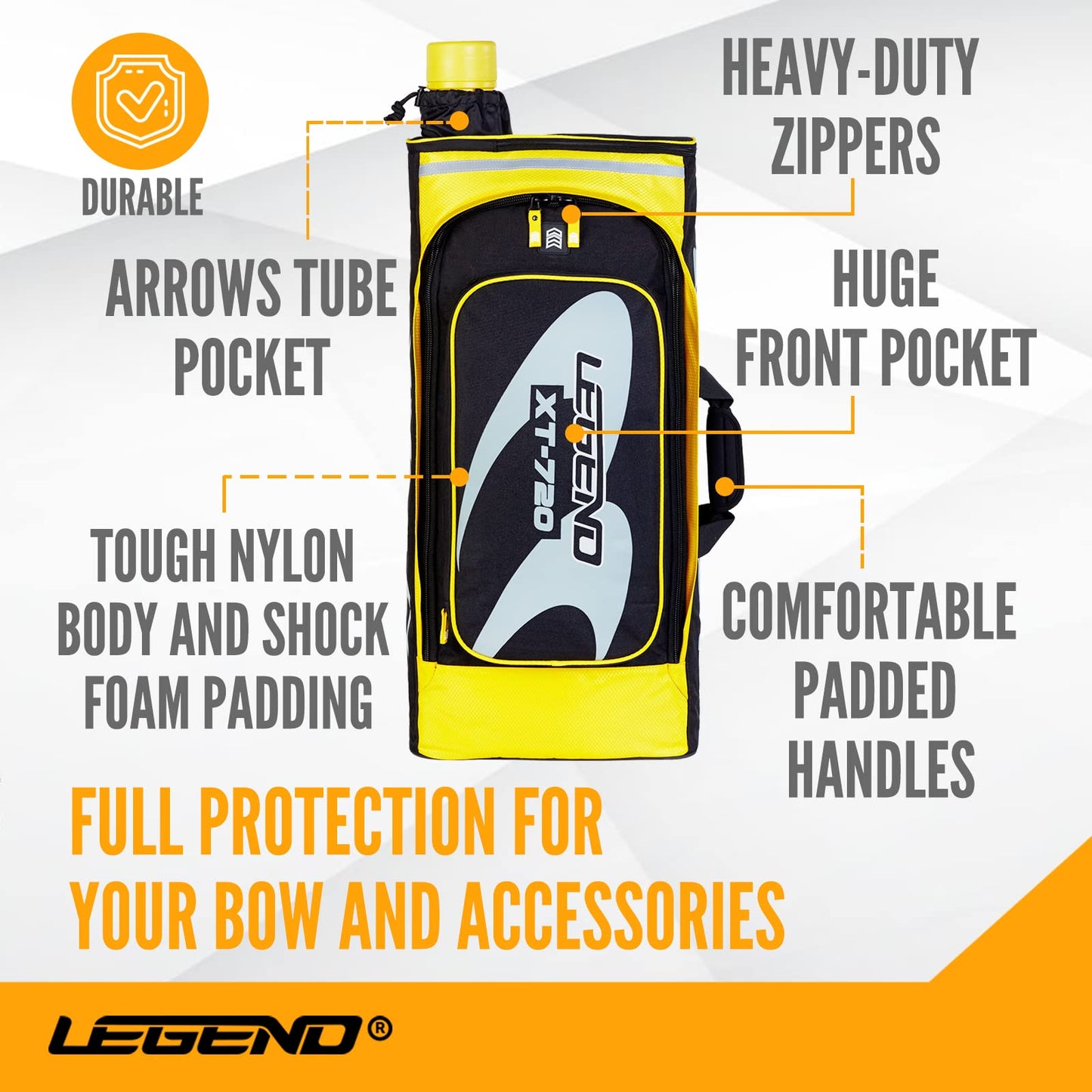 Legend XT720 Bow Backpack for Recurve Bow - Nylon Takedown Recurve Archery Bow Bag - Storage Compartments for Accessories & Gear - Protective Padding for Equipment Safety - Includes Arrow Tube Case
