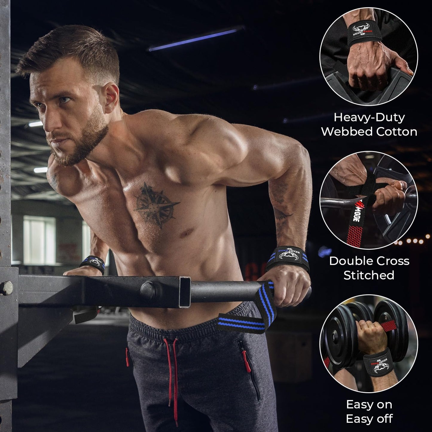 BEAST RAGE Lifting Wrist Straps for Weightlifting, Weight Lifting Straps Gym Power Workouts Lifting Straps Padded Cotton Men Women Supportive Lift Deadlift Straps Hard Pull Exercise Straps (Black/blue)