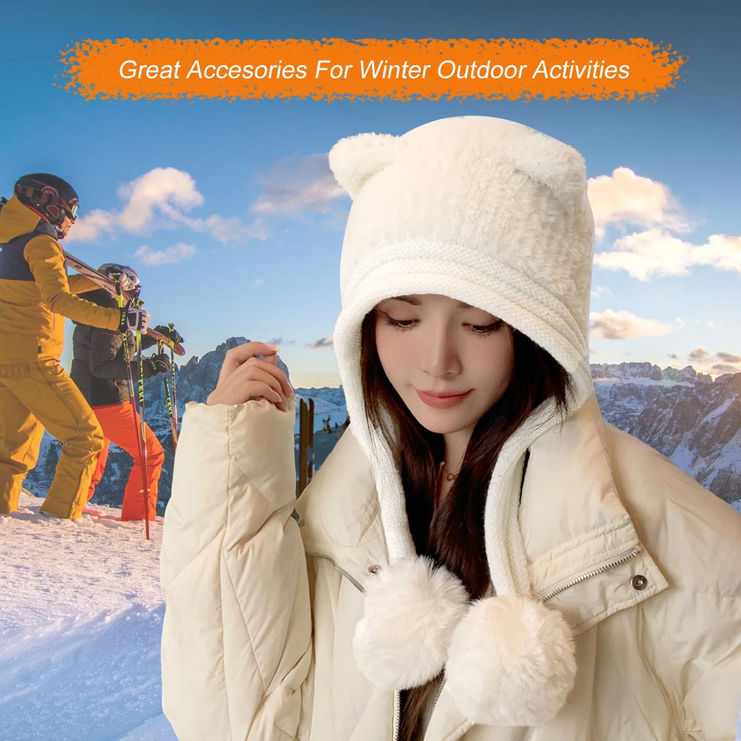 HUAMULAN Women Winter Sherpa Beanie Hats Knit Ear Flaps Peruvian Cover Ears Fleece Lined Fluffy Ski Snow Hat Pompoms
