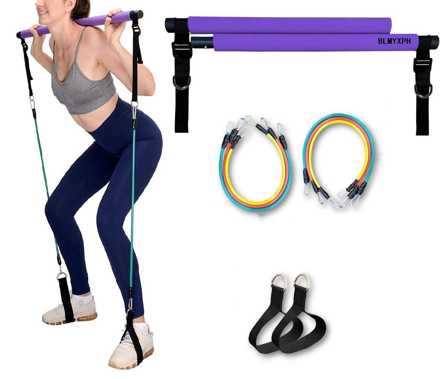 Portable Pilates Stick Yoga Exercise Pilates Bar, Yoga Pilates Bar Reformer Kit, Pilates Bar Kit with Resistance Band,Home Gym Pilates with Foot Loop for Total Body Workout (New-Purple- Pilates)