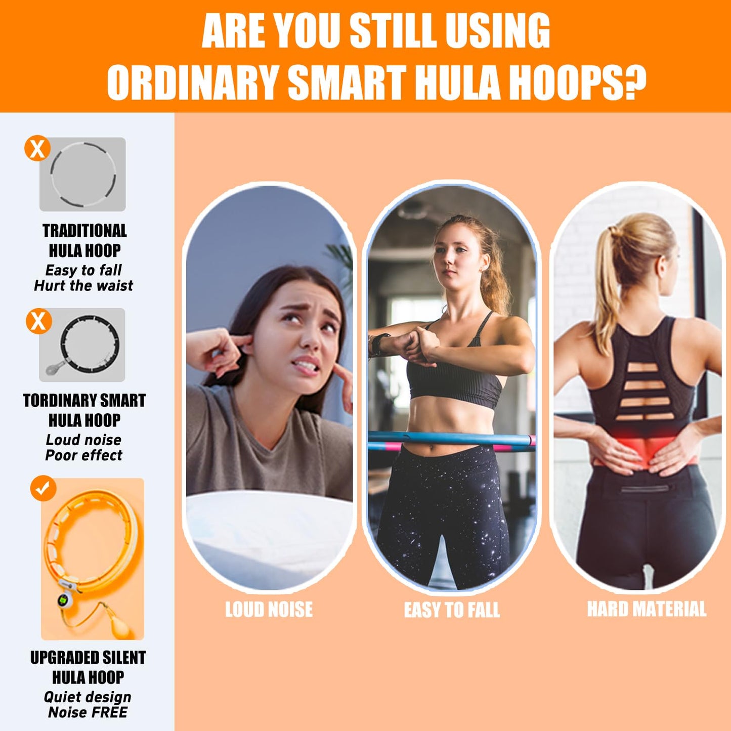 Leann L!fe U5-16 Knots with Counter, U5 Silent Smart Weighted Hula Hoop for Adults Weight Loss Infinity Hoop Plus Size, Home Outdoors Fitness Exercise, Abdominal Toner, (Orange-Waist 28"~46")
