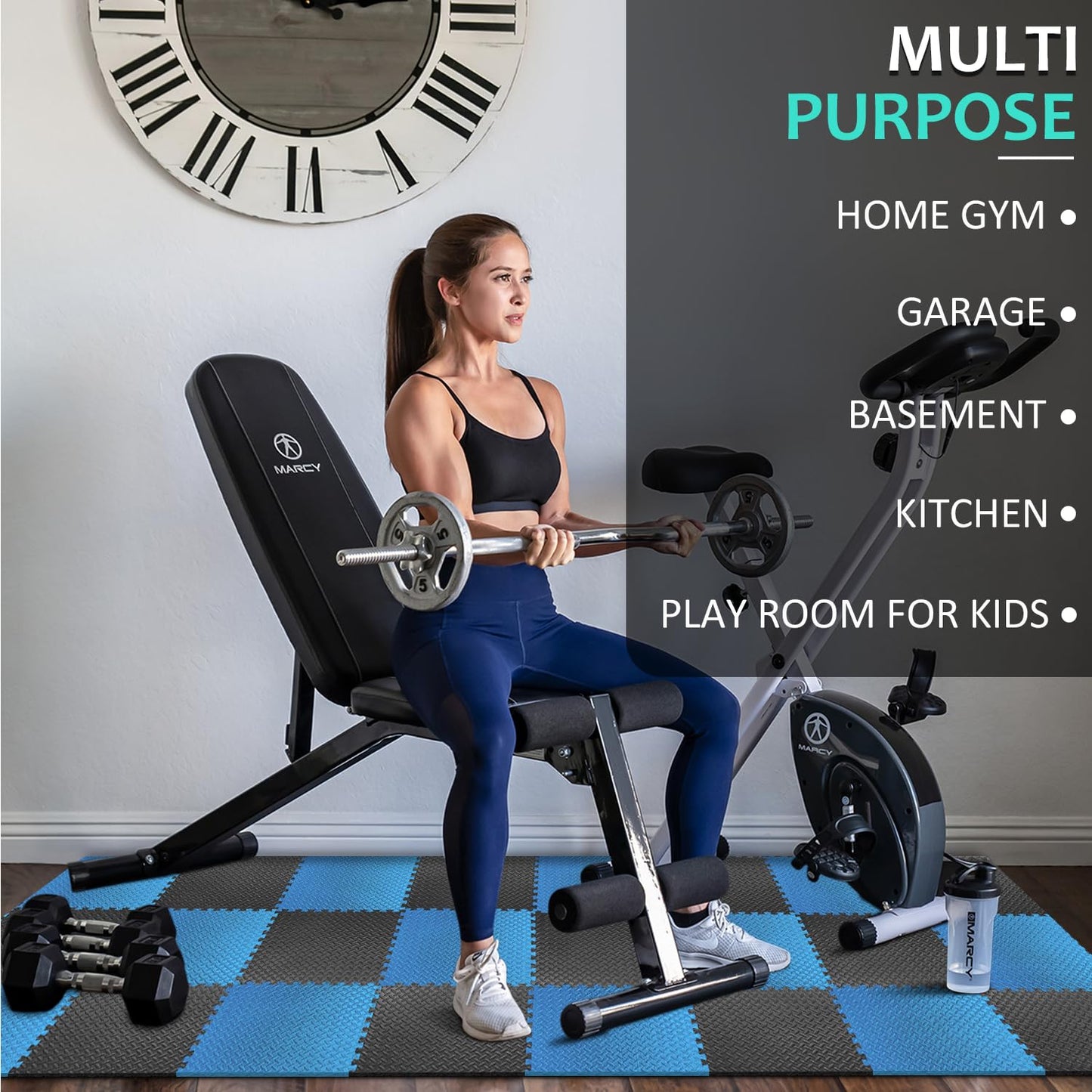 BEAUTYOVO Puzzle Exercise Mat with 12 Tiles Interlocking Foam Gym Mats, 24'' x 24'' EVA Foam Floor Tiles, Protective Flooring Mats Interlocking for Gym Equipment (48 Sq.Ft/12 Tiles - Black&Blue)