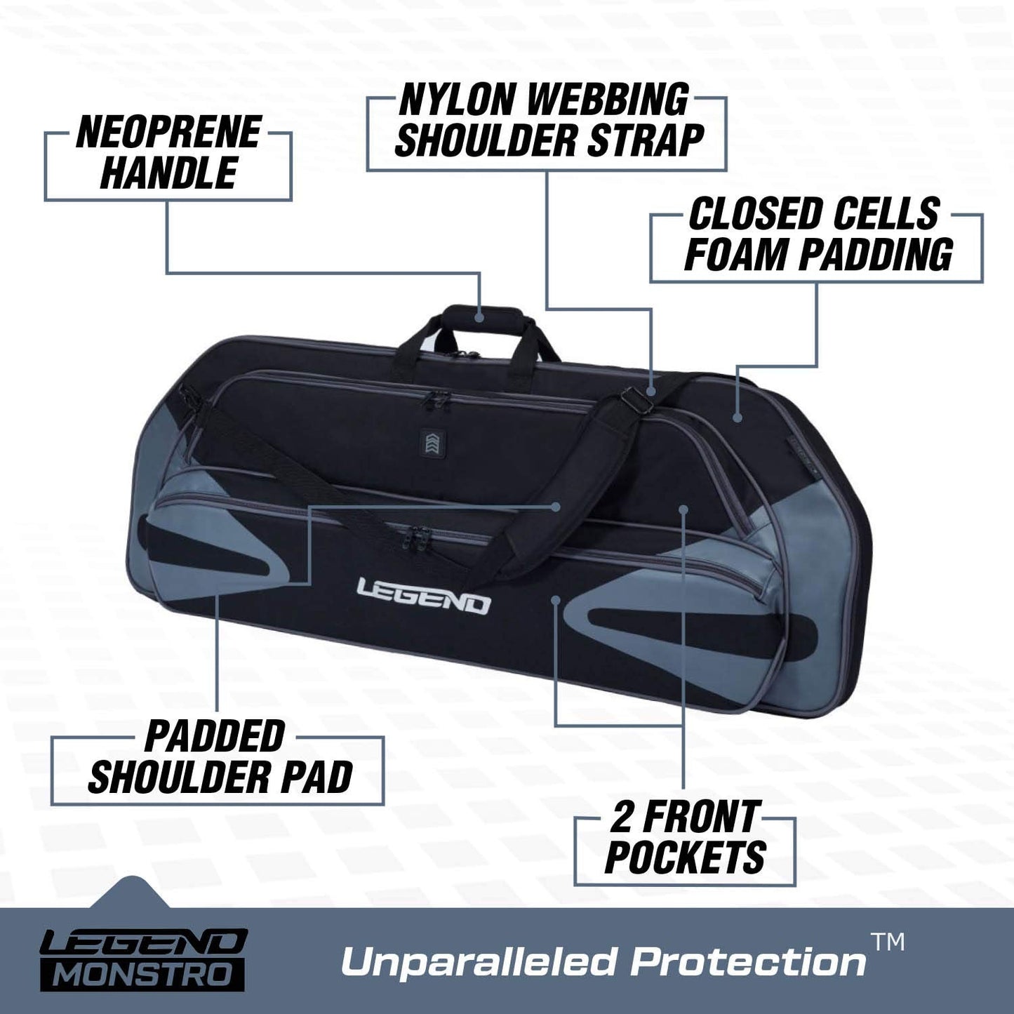 LEGEND Monstro Professional Soft Compound Bow Case - Travel Archery Case with Shoulder Strap, Foam Padding & Safe Storage for Archery Accessories -37" Arrow Tube Holder Pocket, 44" Interior-Black/Grey
