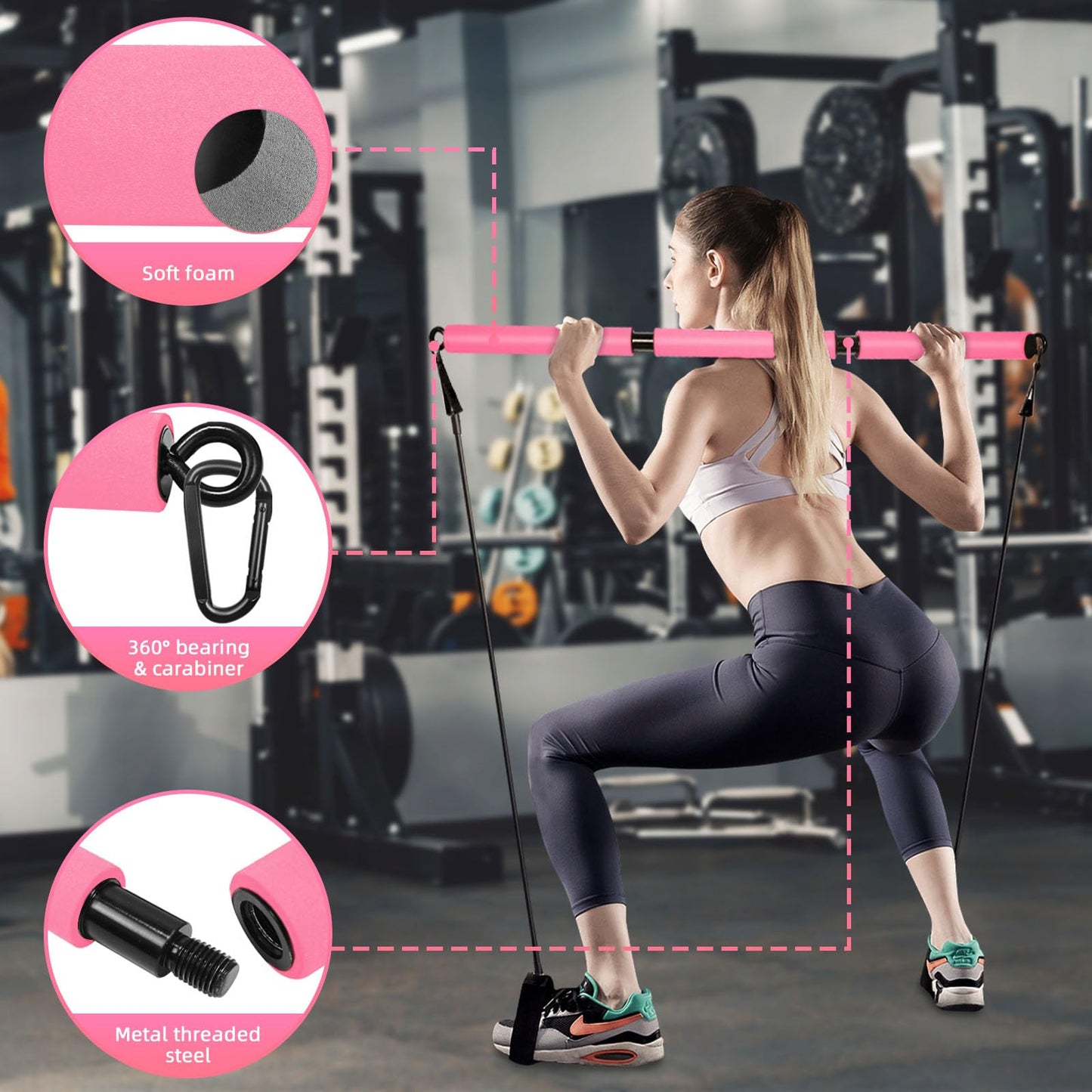 Portable Pilates Bar, Pilates Resistance Band Bar with Ab Roller, 3-Section Multifunctional Pilates for Stretched Exercise, Home Gym Yoga Stick for Full Body Workout Training Women & Men (Pink)
