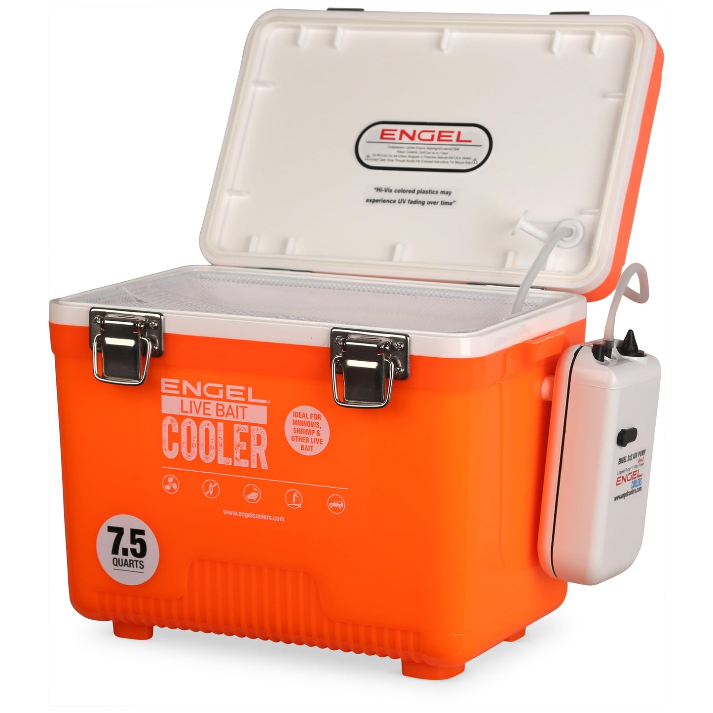 Engel 7.5qt Live Bait Cooler Box with 2nd Gen 2-Speed Portable Aerator Pump. Fishing Bait Station and Minnow Bucket for Shrimp, Minnows, and Other Live Bait - ENGLBC7-N-OHV in Orange High-Visibility