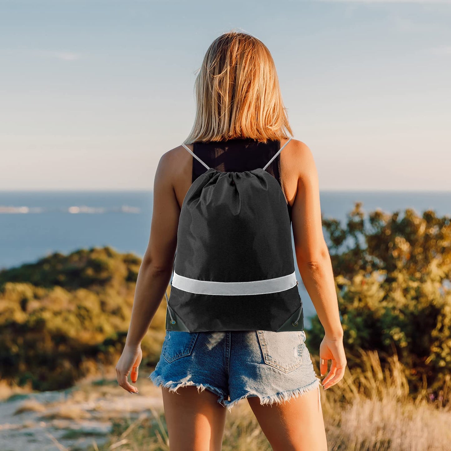 BeeGreen Black Drawstring Backpack Bulk 25 Pieces Wholesale, String Backpack for Party Gym Sport Trip, Reflective Strips Cinch Sack with String, DIY Drawstring Bags for Women and Men