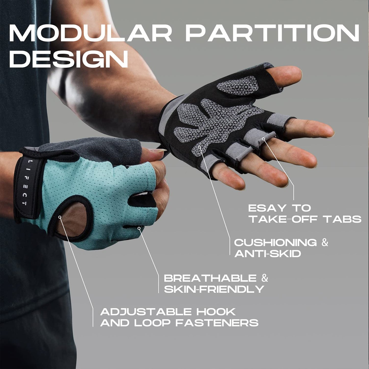 LIFECT Essential Breathable Workout Gloves, Knuckle Weight Lifting Fingerless Gym Exercise Gloves with Curved Open Back, for Powerlifting, Crossfit, Women and Men (Blue, Medium)