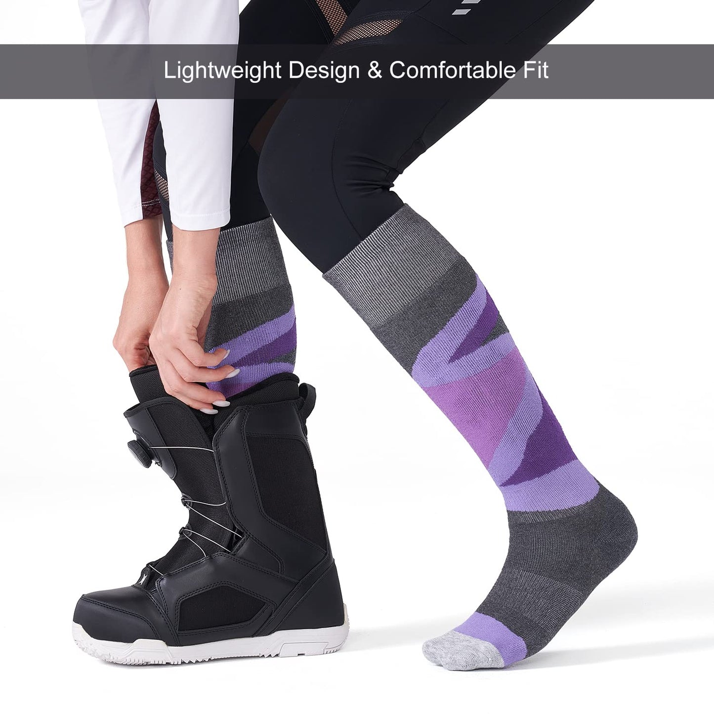CS CELERSPORT 2 Pack Merino Wool Women's Ski Socks with Full Cushion, Winter Warm Thermal Socks for Skiing Snowboarding, Rose + Purple, Small