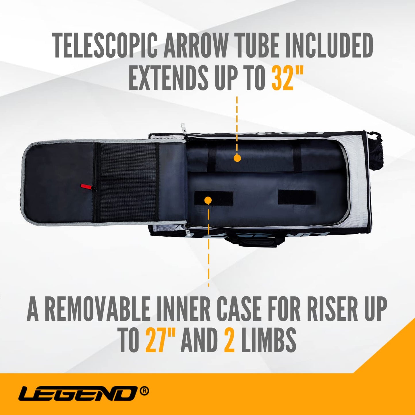 Legend - XT720 Recurve Bow Case (Grey) | Backpack Style Bag with Heavy Duty Foam Padding for Portable Protection of Recurve Bows & Risers up to 27" | Telescopic Arrow Tube Extends Up to 35"