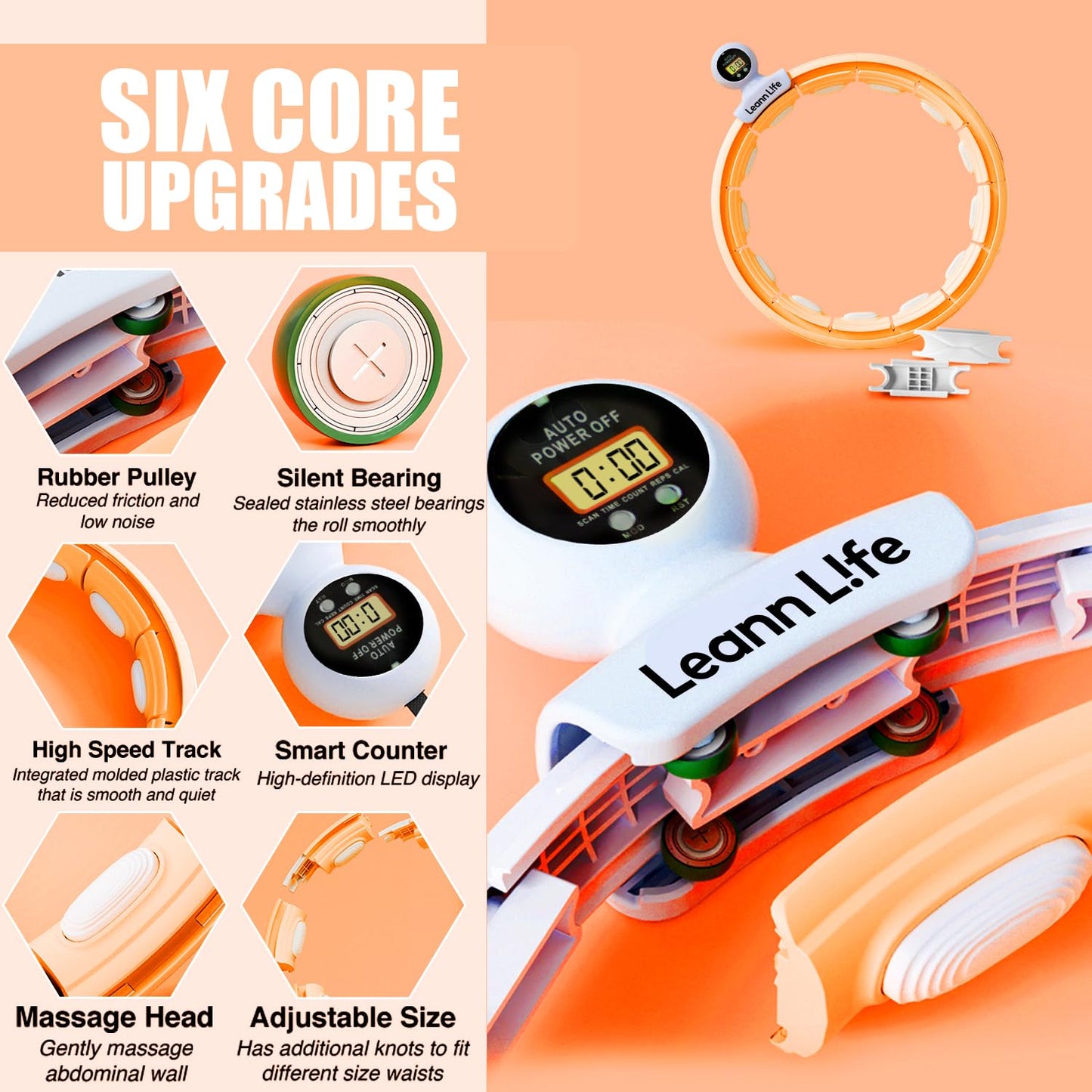 Leann L!fe U5-16 Knots with Counter, U5 Silent Smart Weighted Hula Hoop for Adults Weight Loss Infinity Hoop Plus Size, Home Outdoors Fitness Exercise, Abdominal Toner, (Orange-Waist 28"~46")