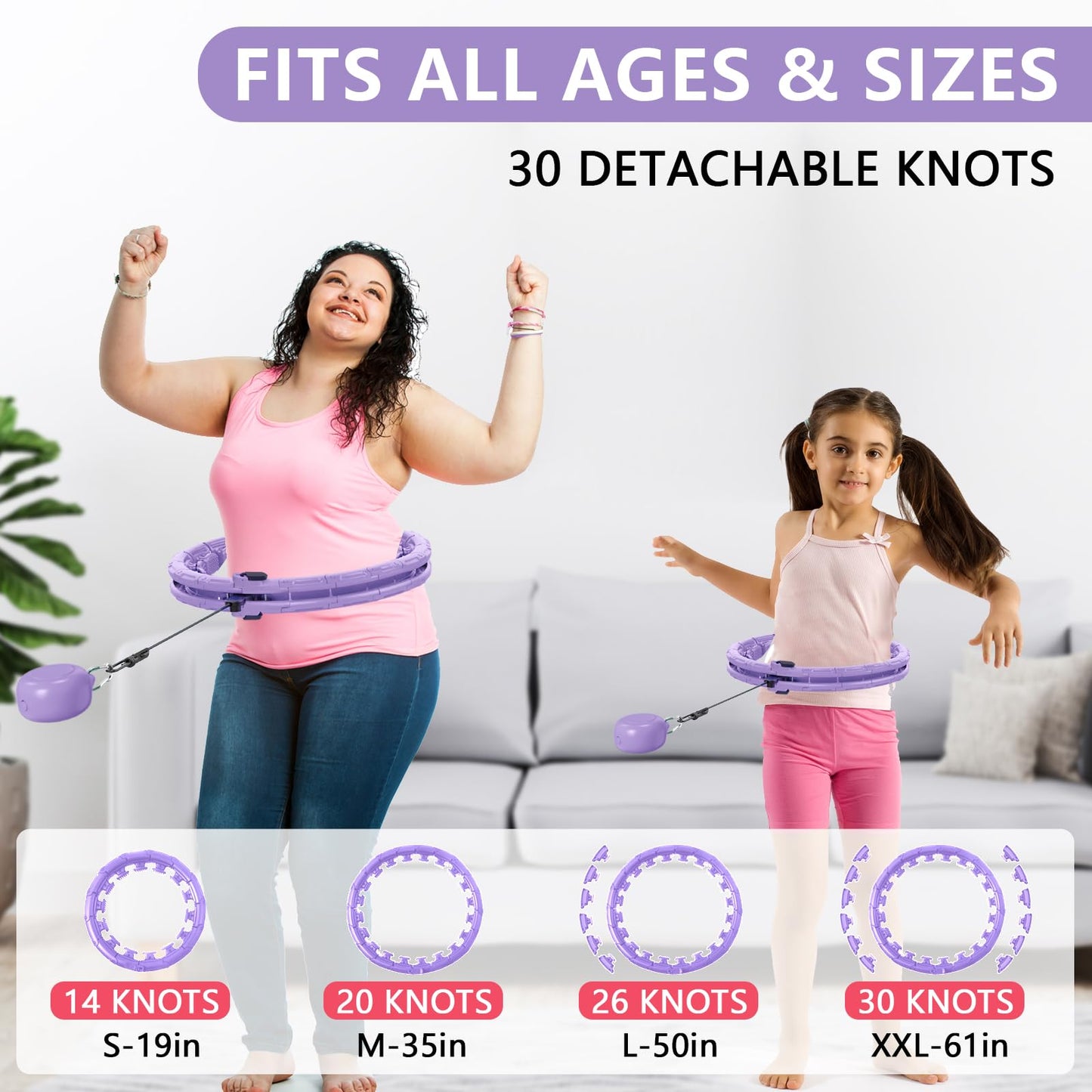 Leann L!fe U1-30 Knots Waist 56”, Magnetic Lock Smart Weighted Hula Hoop for Adults Weight Loss, Infinity Hoop Plus Size, Children Adult Home Outdoors, Fitness Exercise, Abdominal Toner,Light Purple