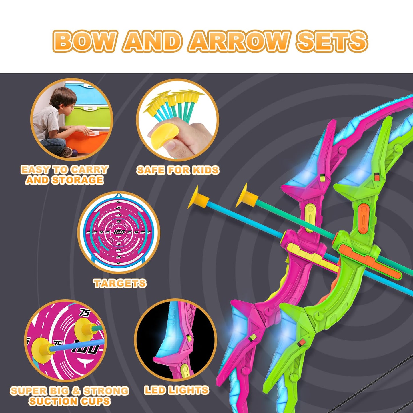 Kmuxilal 2 Pack Kids Bow and Arrow Set with LED Flash Lights, 14 Suction Cup Arrows and Standing Target-Perfect Indoor and Outdoor Archery Set Toy Gift for Boys and Girls Ages 4-12