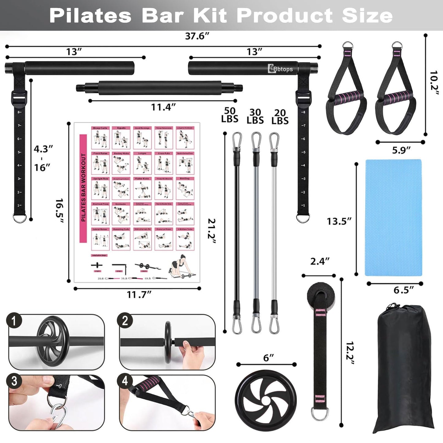 BBTOPS Pilates Bar Kit with Resistance Bands, Pilates Equipment Exercise Bar with Ab Roller for Abs Workout, Portable Home Gym Yoga Fitness Bar for Women & Men