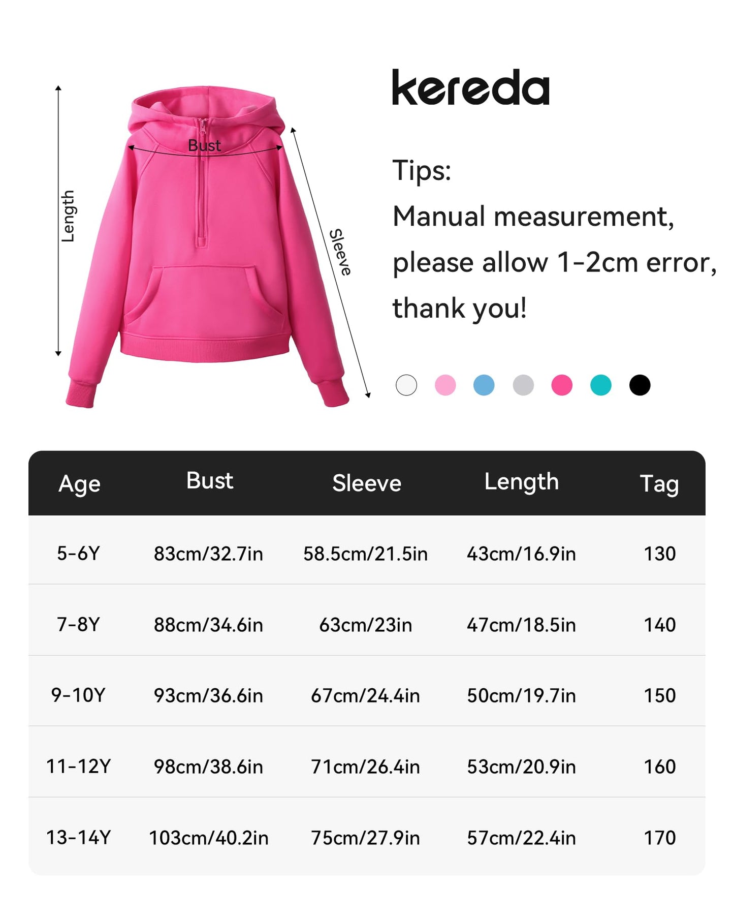 KEREDA Girls Half Zip Hoodies Fleece Pullover Sweatshirt Long Sleeve Winter Clothes Thumb Hole Black 9-10 Years
