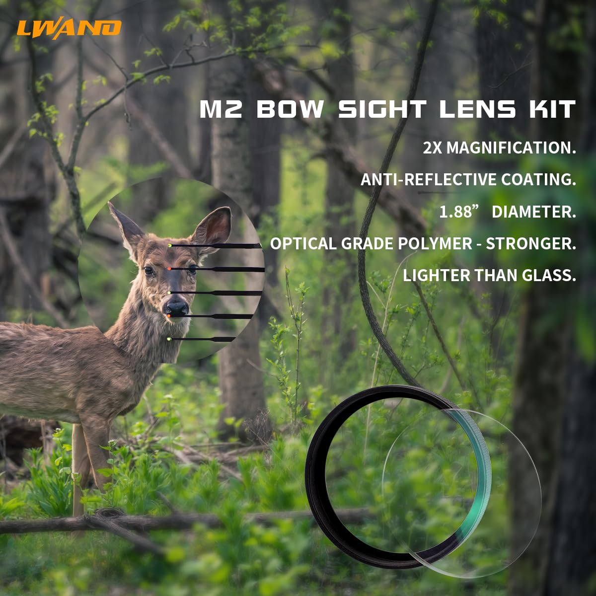 LWANO M2 Cpmpound Bow Sight - 5 Pin Archery Sight Short/Long Bar, Tool Less Windage & Elevation Adjustability, with 2X Magnification Sight Lens Kit