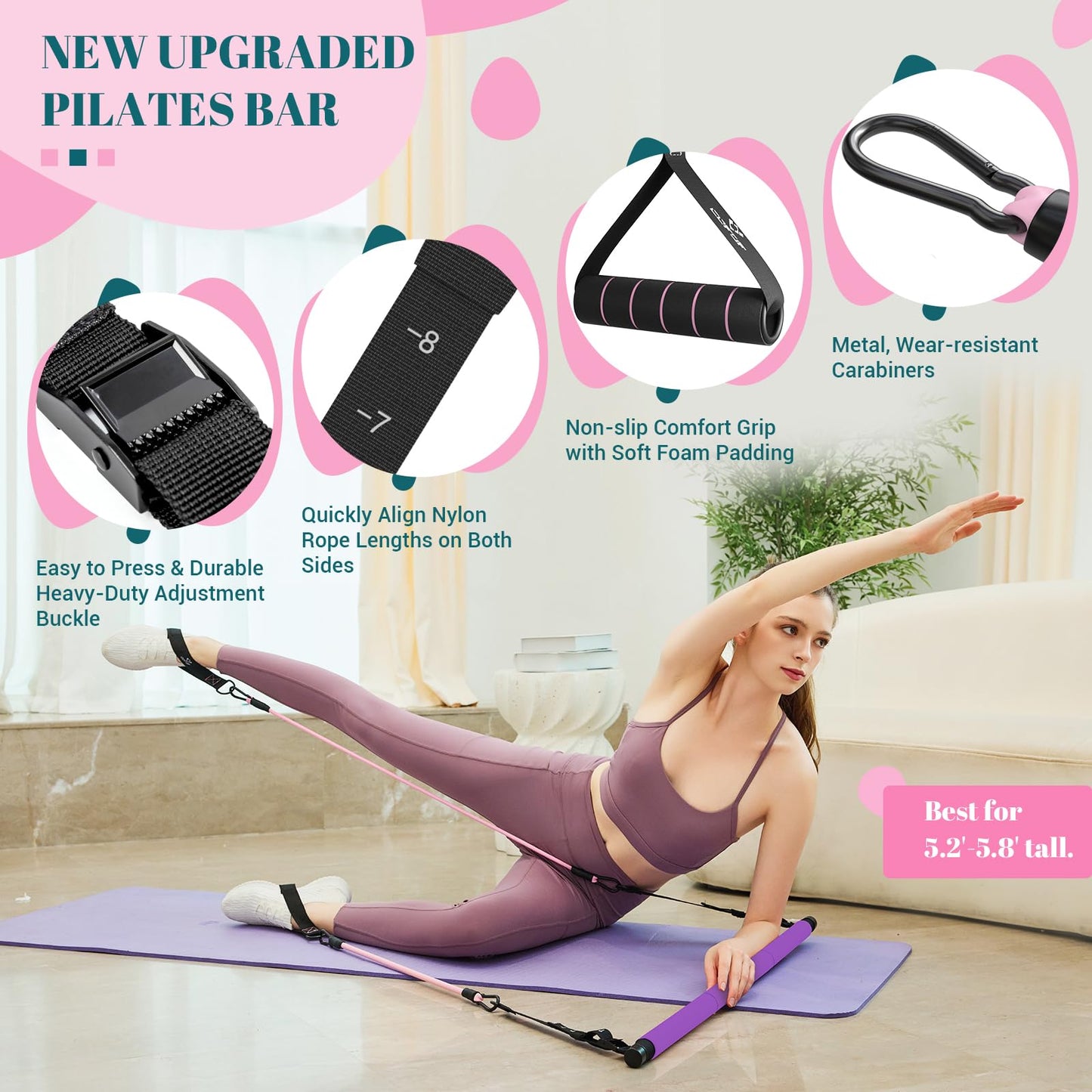 Pilates Bar Kit with Resistance Bands, Multifunctional Yoga Pilates Bar with Heavy-Duty Metal Adjustment Buckle, Portable Home Gym Pilates Resistance Bar for Women Full Body Workouts(20-150LBS)-Purple
