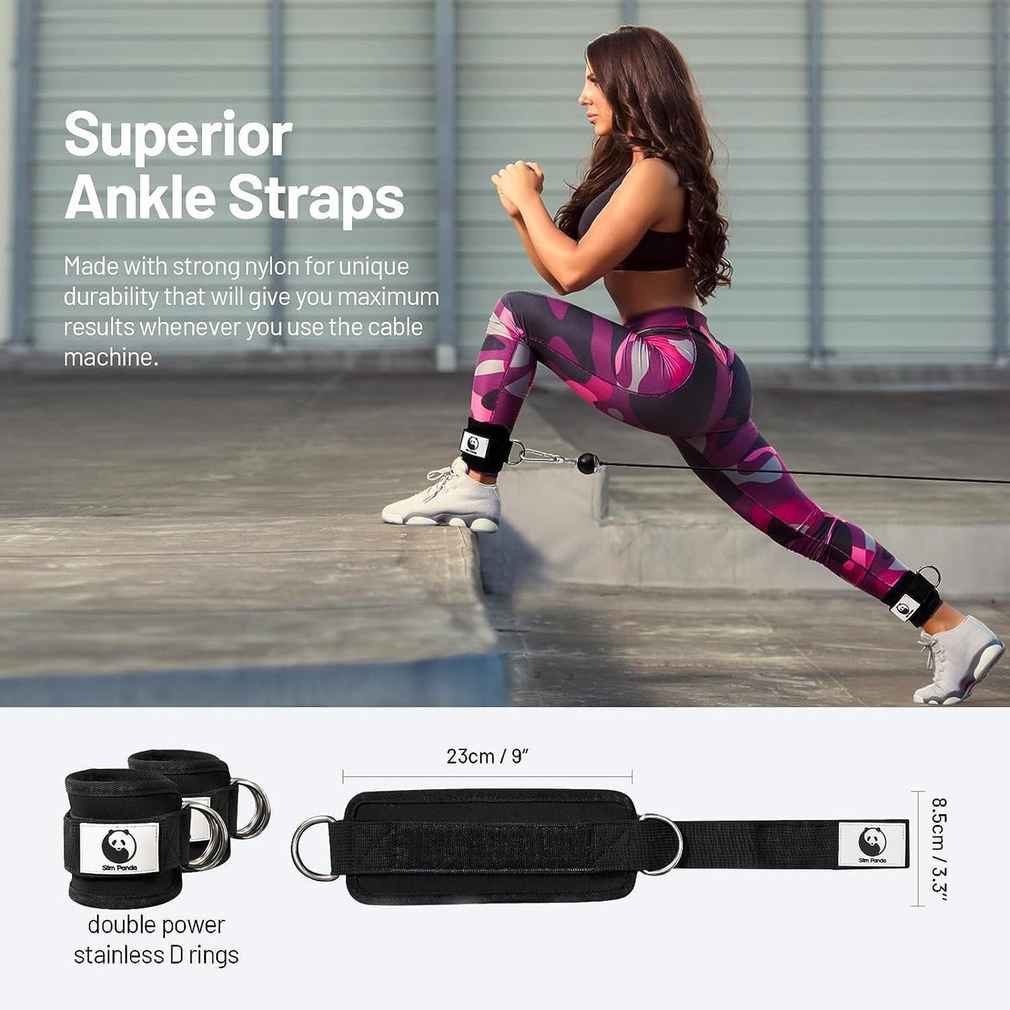 Slim Panda Ankle Strap for Cable Machine,Ankle Cuff for Kickbacks, Booty Hip Abductors,Glute Workouts, Leg Extensions, Curls for Men and Women, Adjustable with Double D-Rings (Pair, Black)