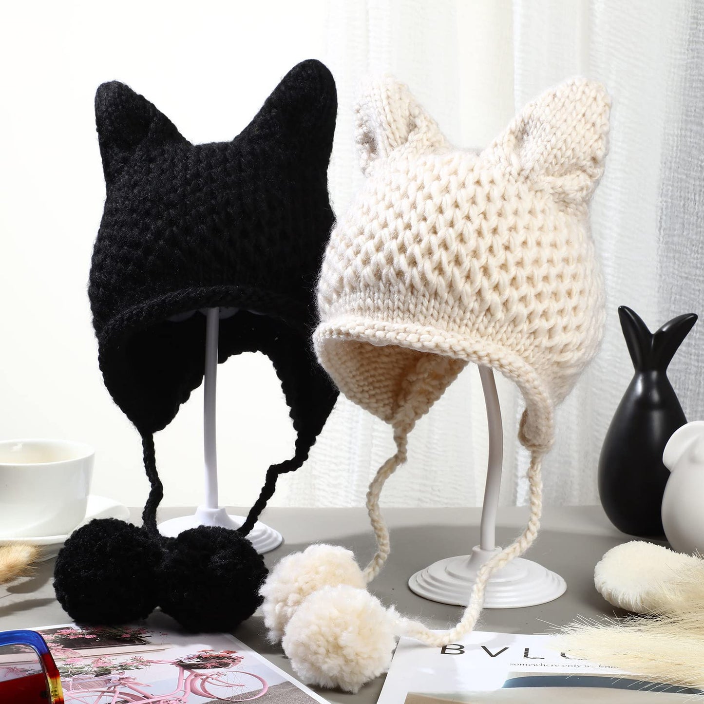 Cat Ear Beanie 2 Pieces Warm Beanie with Ears Cute Cat Hats for Women Crochet Cat Winter Hat Knit Ear Pom Hat Black, White