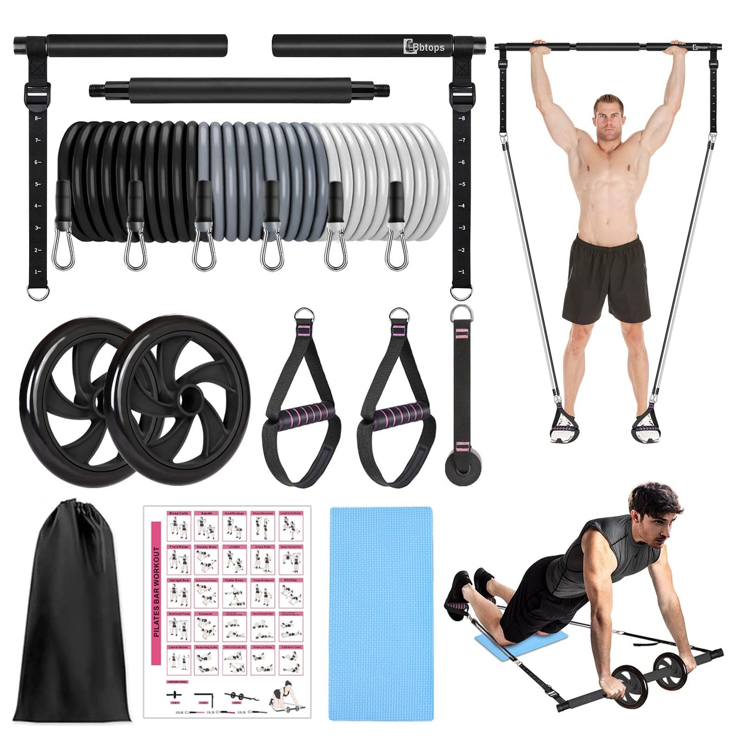 BBTOPS Pilates Bar Kit with Resistance Bands, Pilates Equipment Exercise Bar with Ab Roller for Abs Workout, Portable Home Gym Yoga Fitness Bar for Women & Men