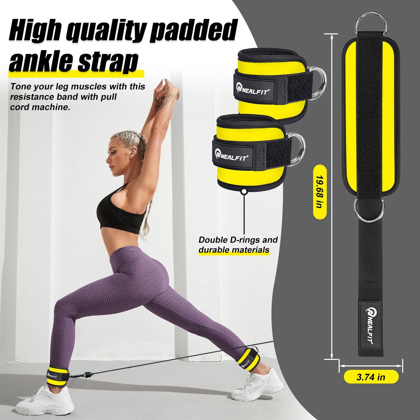 NEALFIT Ankle Strap for Cable Machine, Gym Ankle Cuff for Kickbacks, Leg Extensions, Glute Workouts, Booty Hip Abductors Exercise for Women and Men (Pair, Yellow)