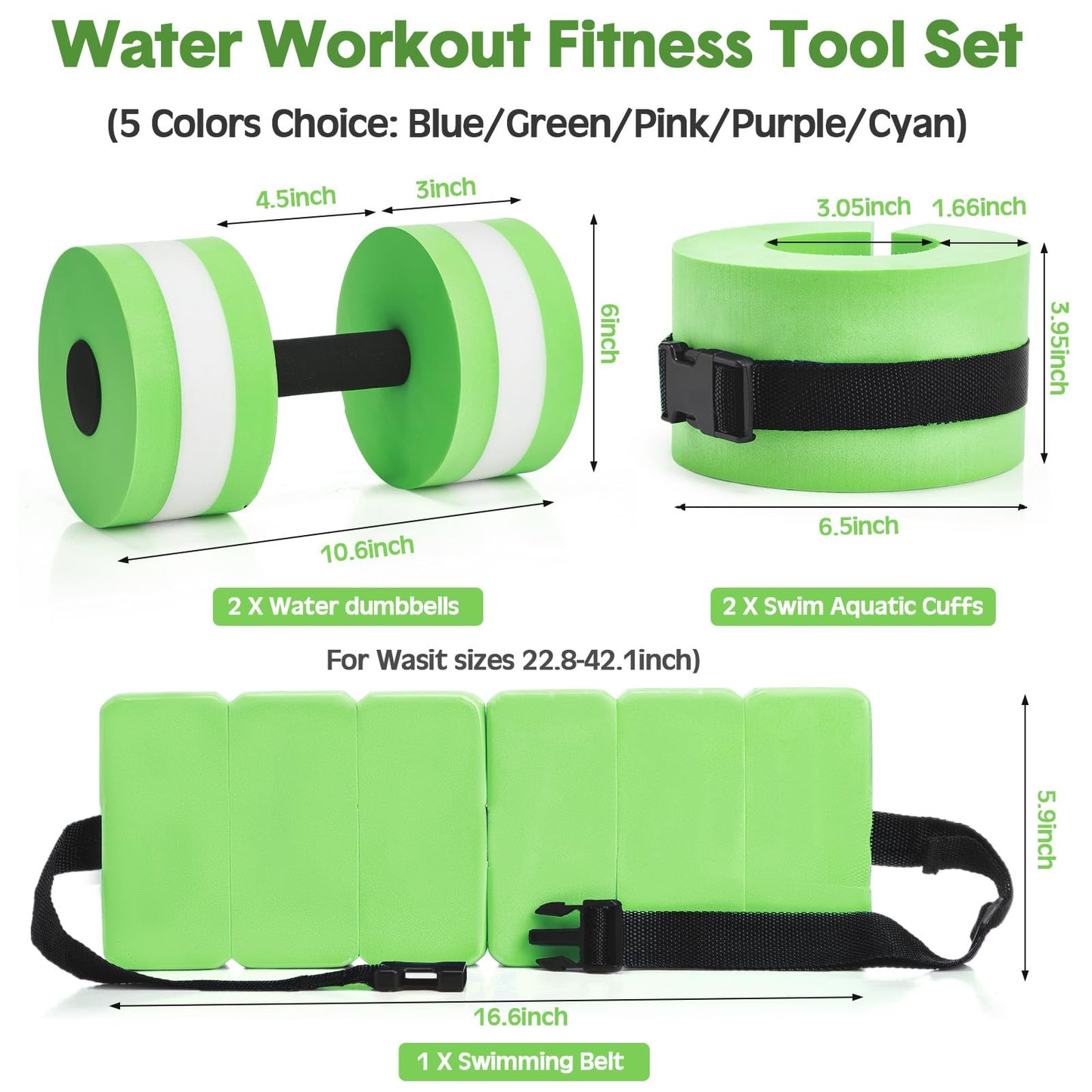 Motionchic 5 Pcs Aquatic Exercise Set Including 2 Ankle Swimming Weights 2 Lightweight Aquatic Exercise Dumbbells and Swim Belt Pool Exercise Equipment for Aquatic Aerobics Exercise (Green)