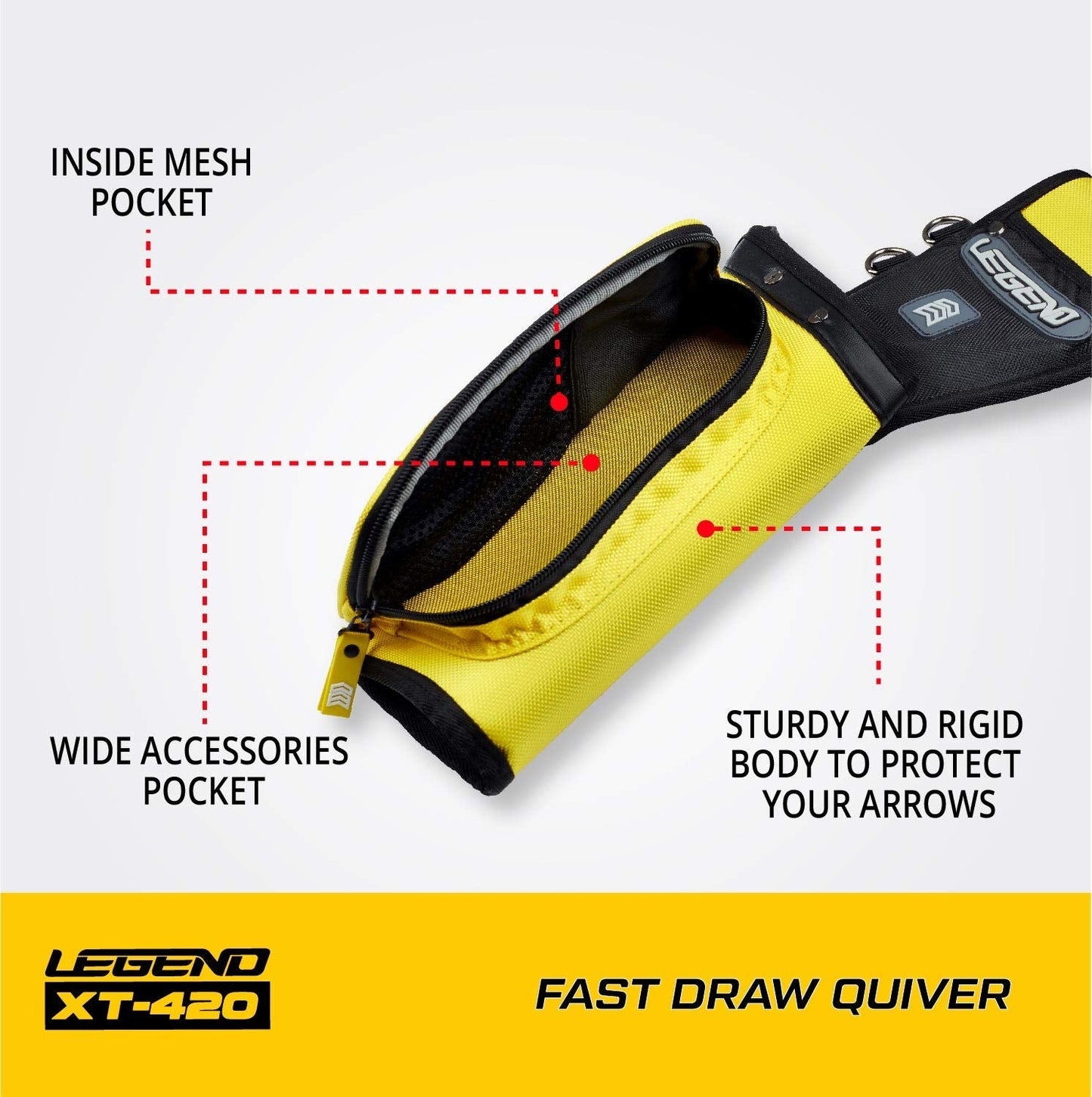 LEGEND XT420 Archery Field Quiver for Arrows - Left Handed Archery Hip Quiver with Belt, 3 Arrow Compartments - Storage Pocket for Archery Accessories - Nylon Material - 5.25"x1.5"x16" Yellow