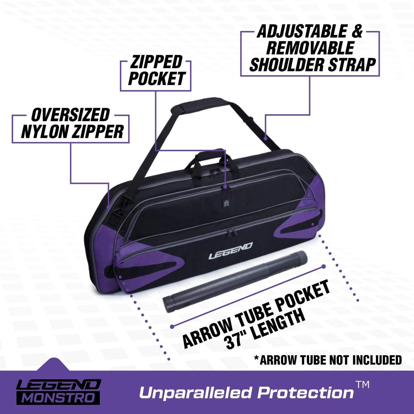 Legend Monstro Professional Soft Compound Bow Case- Travel Archery Case with Shoulder Strap, Foam Padding & Safe Storage for Archery Accessories-37 Arrow Tube Holder Pocket, 44" Interior-Black/Purple