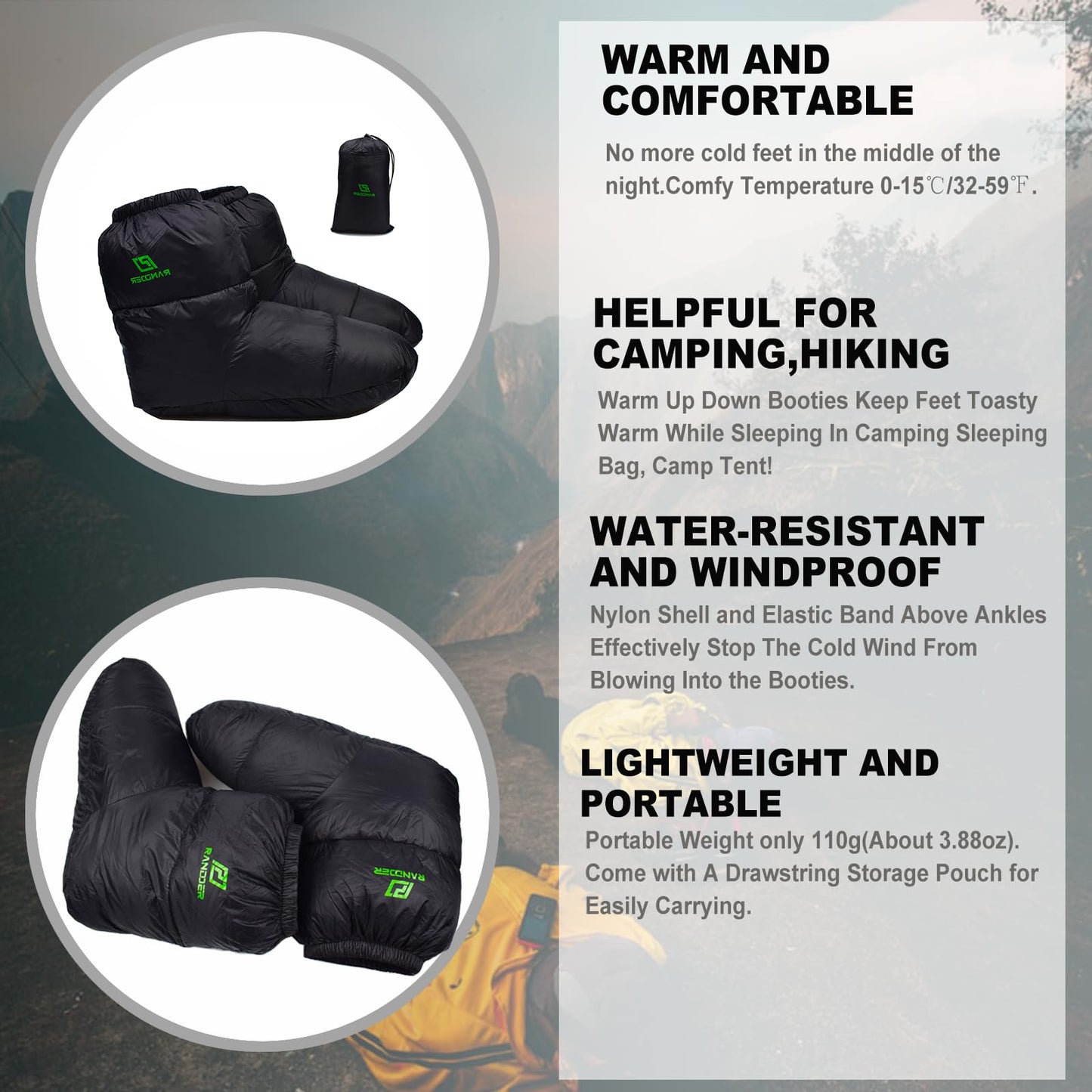 AUDIFU Down Booties Warm Socks Ultralight Sleeping Sock for Camping, Backpacking - Camp Sleeping Bag Tent Down Foot Warmer for Men & Women (Black, Medium)