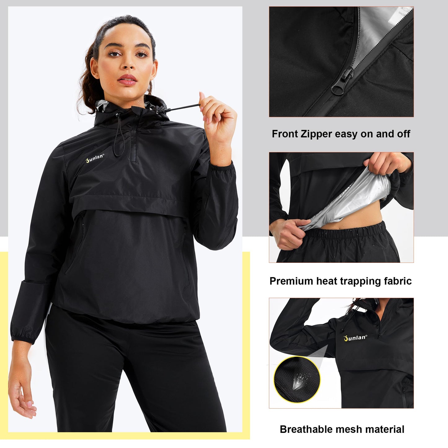 Junlan Sauna Suit for Women Sweat Sauna Pants Sweat Jacket Workout Sweat Suits for Women (A.Black Tops Only,Small)
