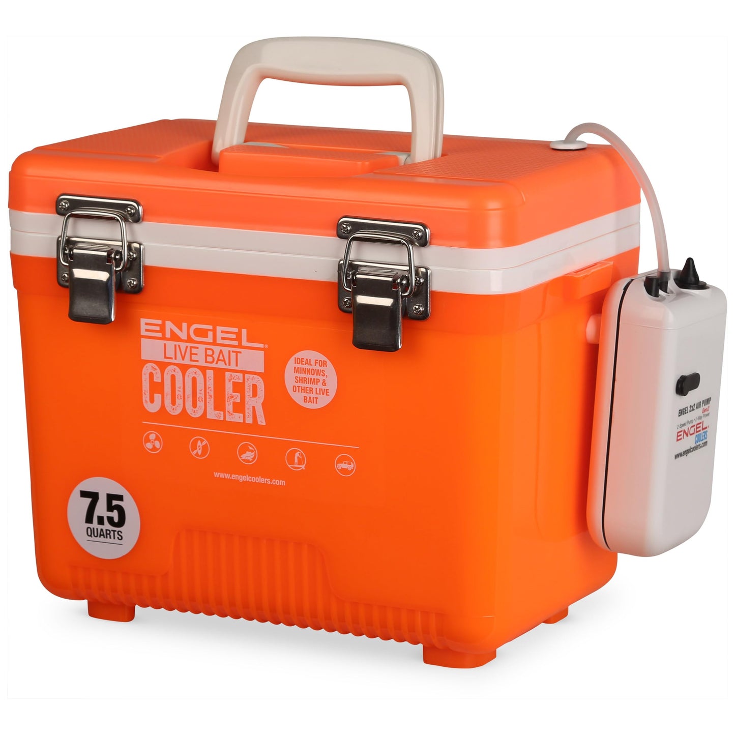 Engel 7.5qt Live Bait Cooler Box with 2nd Gen 2-Speed Portable Aerator Pump. Fishing Bait Station and Minnow Bucket for Shrimp, Minnows, and Other Live Bait - ENGLBC7-N-OHV in Orange High-Visibility