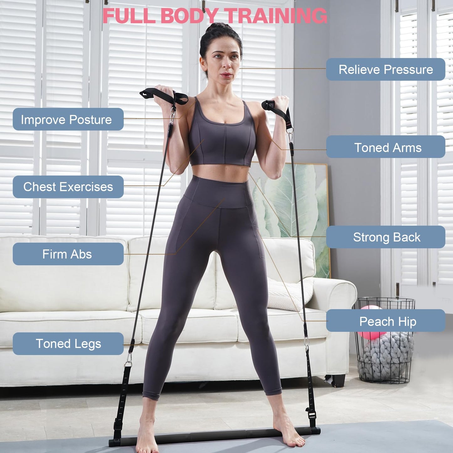 kisnbld Pilates Bar Kit with Resistance Bands, Multifunctional Pilates Equipment with Pilates Ball, 2 in 1 Handles & Door Anchor, Portable Pilates Bar for Women Home Gym Yoga Workouts