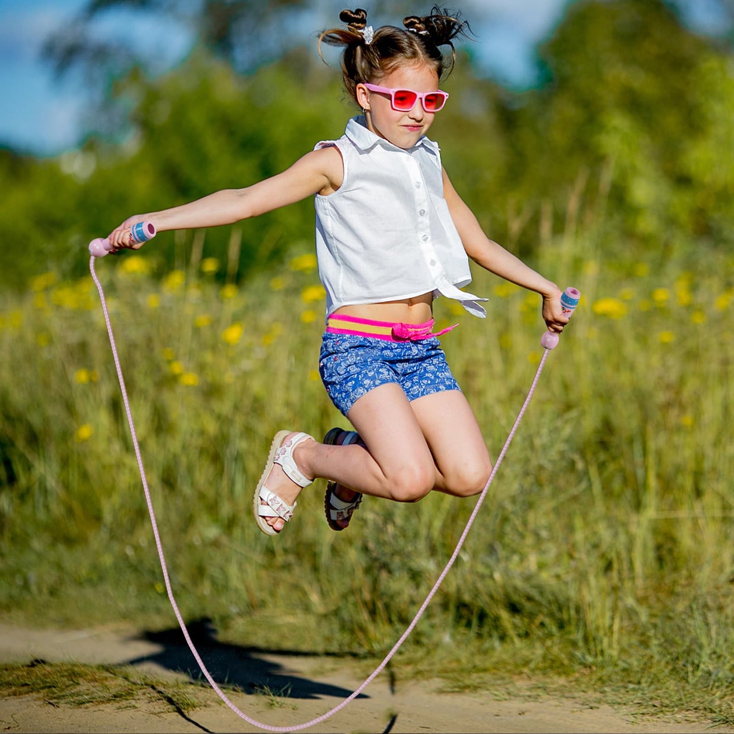 Jump Rope for Kids-Adjustable Cotton Braided Skipping Rope with Wooden Handle for Toddler Fitness Workout Exercise Outdoor Activity