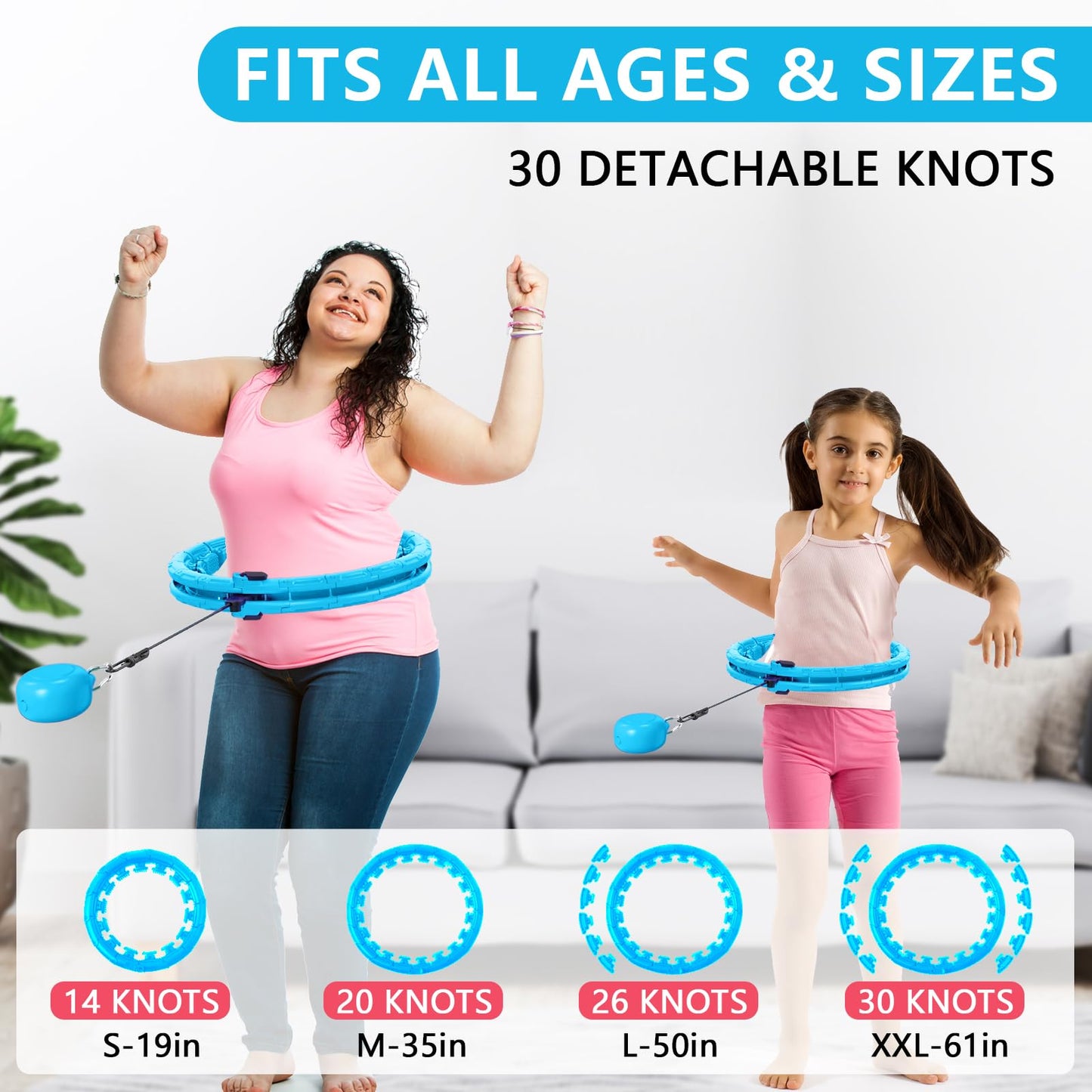 Leann L!fe U1-30 Knots Waist 61”, Magnetic Lock Smart Weighted Hula Hoop for Adults Weight Loss, Infinity Hoop Plus Size, Children Adult Home Outdoors, Fitness Exercise, Abdominal Toner, Blue